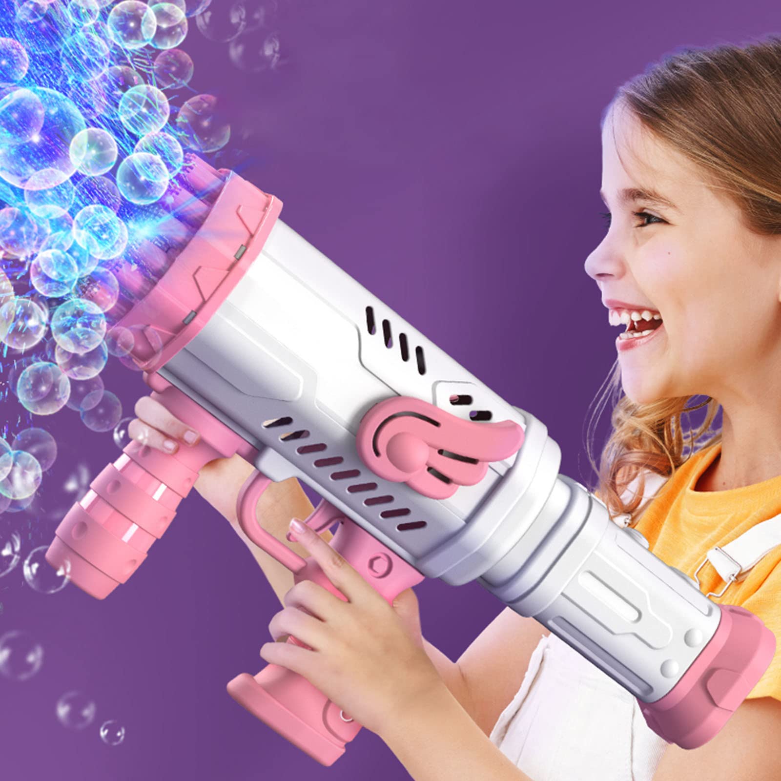 USCallm 32-Hole Bubble Blower Machine with LED Lights - Automatic Electric Bubble Maker for Kids, Summer Outdoor/Indoor Party Favors, Birthday & Backyard Play - Pink Bubble Blaster Toy for Children's Activities