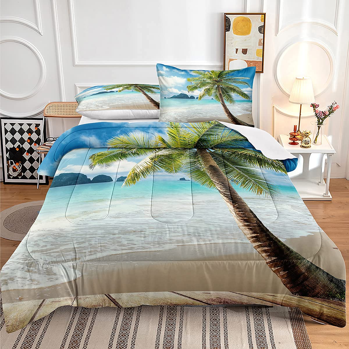 Ocean Themed Coastal Bedding Set - Queen Size Comforter with 2 Pillowcases | Iris Beach Waves Design in Teal for Boys & Girls | Perfect for Beach House Decor, Coastal Bedroom Theme, and Vacation Home Styling