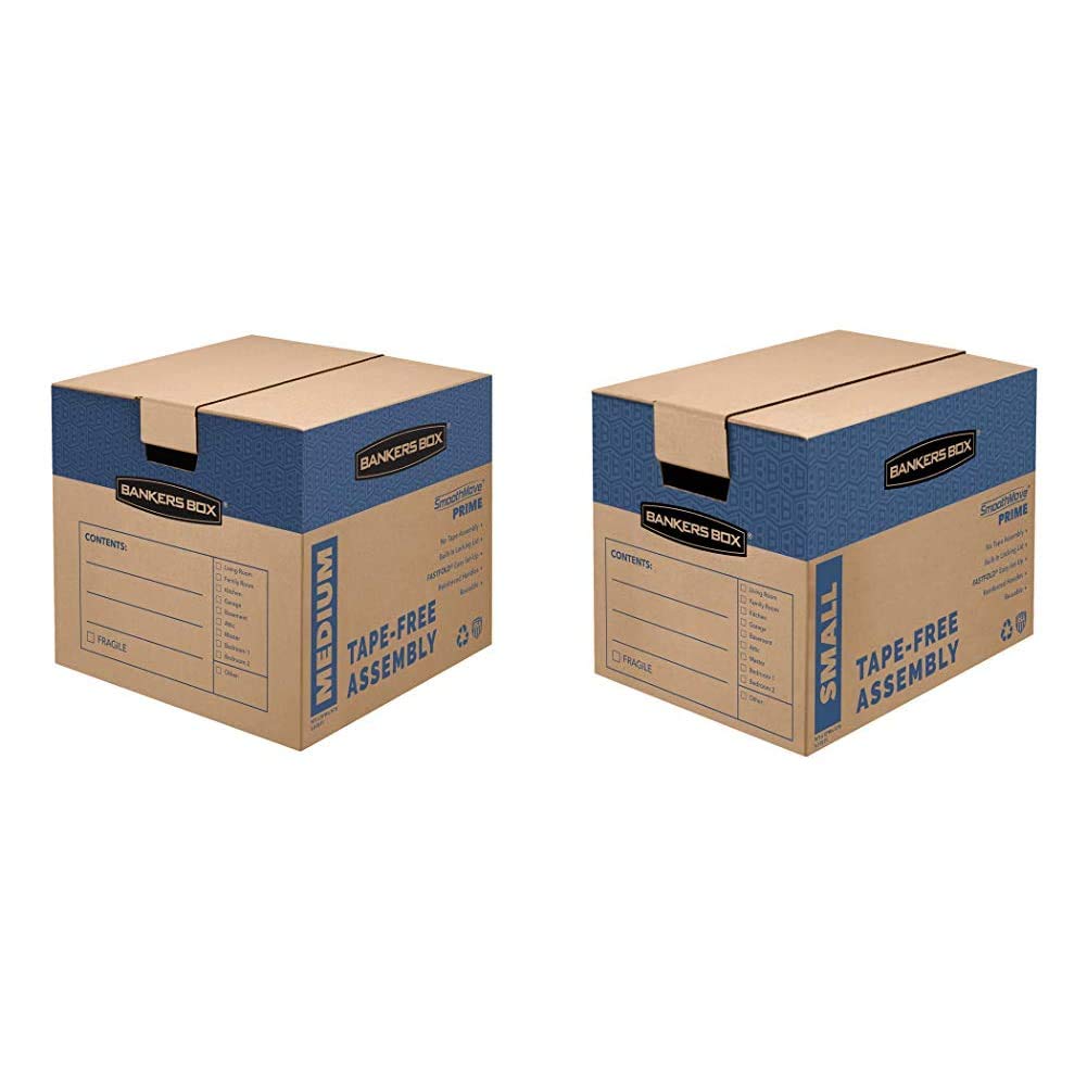 Bankers Box SmoothMove Prime Moving Boxes - Medium & Small Size, Tape-Free FastFold Design with Handles, Reusable Storage Boxes for Home Office Moving, Packing & Organization