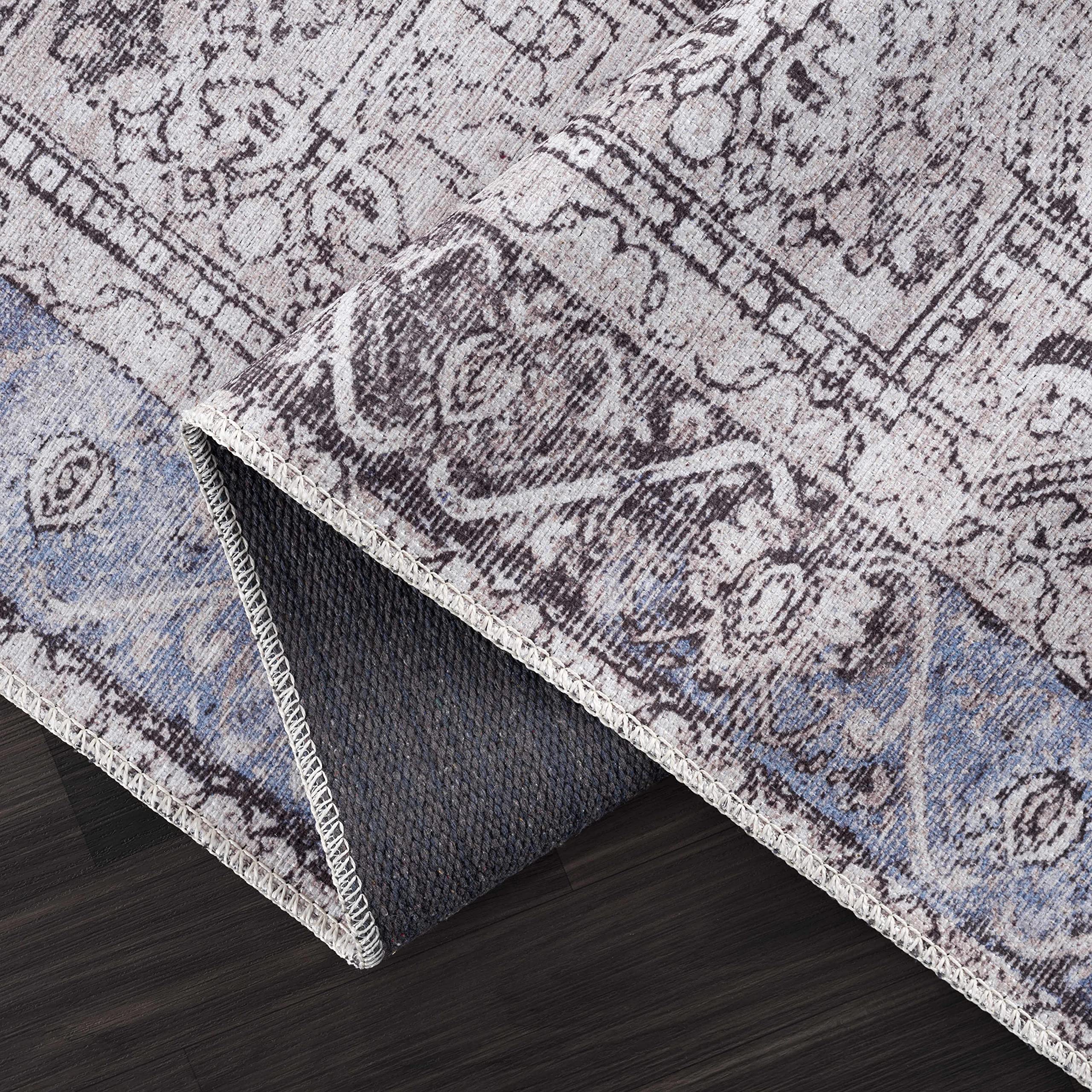 Hauteloom Rini Traditional Machine Washable Area Rug - Beige, Anthracite, Blue - 6'7