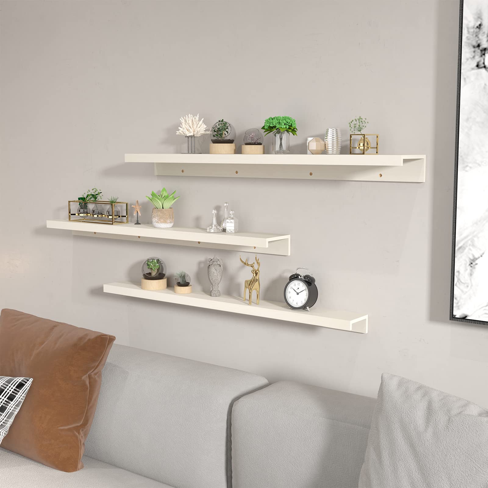 Giftgarden 47 Inch Floating Shelves Set of 3 - Creamy White Beige Wood Grain Wall Shelves for Living Room, Bedroom, Nursery & Office - Perfect for Displaying Photos, Books & Decor