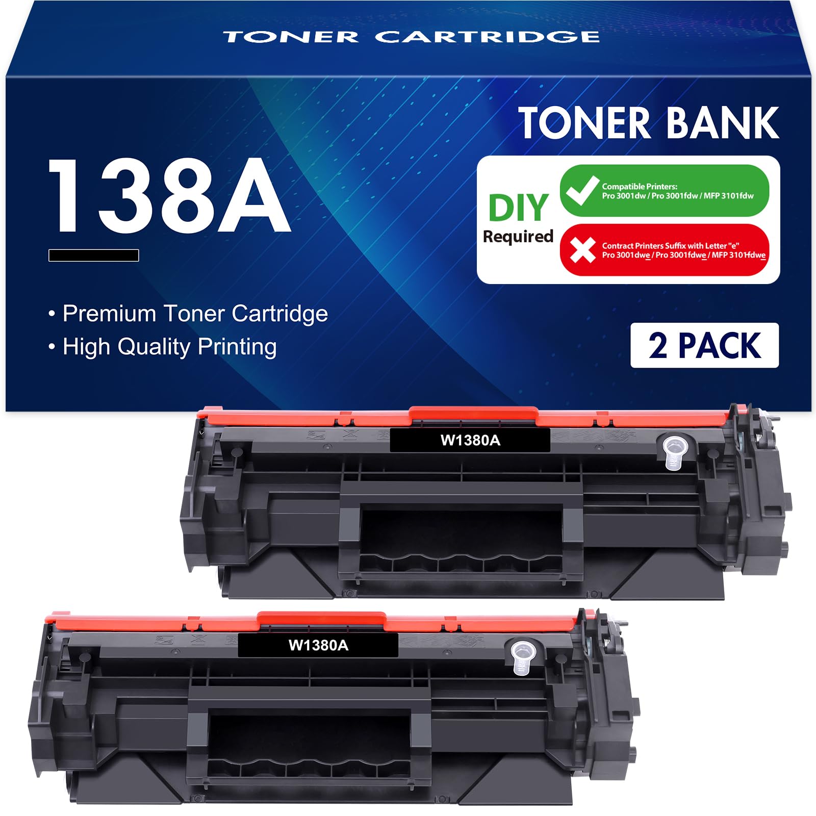 High Yield 138A W1380A Black Toner Cartridge 2-Pack - Compatible Replacement for HP 138A/W1380A/138X/W1380X - Works with HP Pro 3001dw/3001fdw/MFP 3101fdw Series Printers - Perfect for Office & Home Printing Needs
