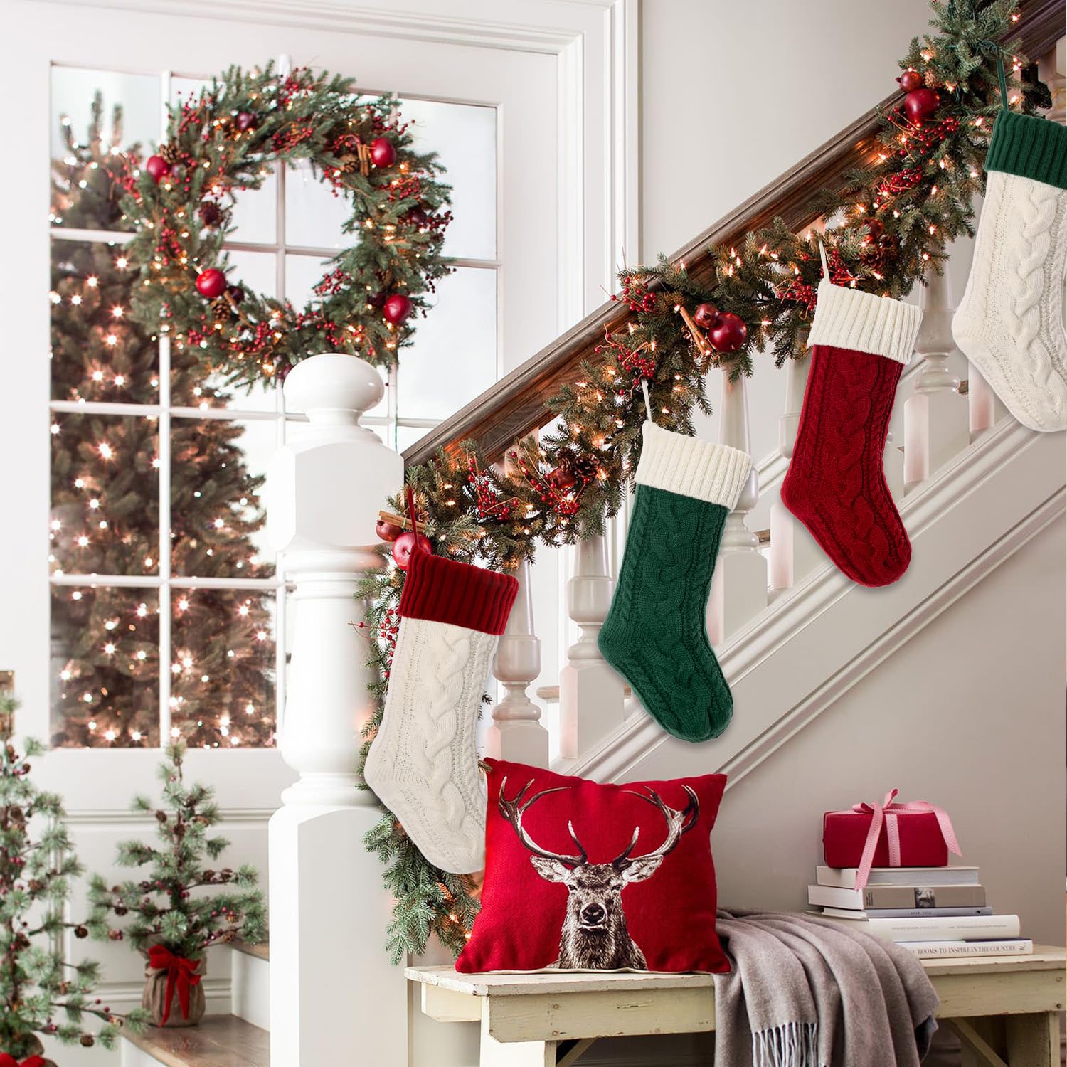 18 Inch Classic Cable Knit Christmas Stockings Set - Large Fireplace Hanging Stockings for Kids & Family - Holiday Party Decorations (Red & White, 1 Pack) | Perfect for Xmas Tree Decor, Mantel Display & Gift Giving