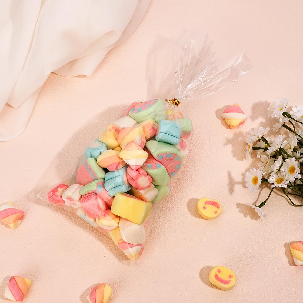 200 PCS Clear Cellophane Treat Bags 6x10 Inches with Gold Twist Ties - Perfect for Candy, Cookies, Party Favors, Wedding Favors, Birthday Gifts & Halloween Treats | Food Safe & Reusable Gift Packaging