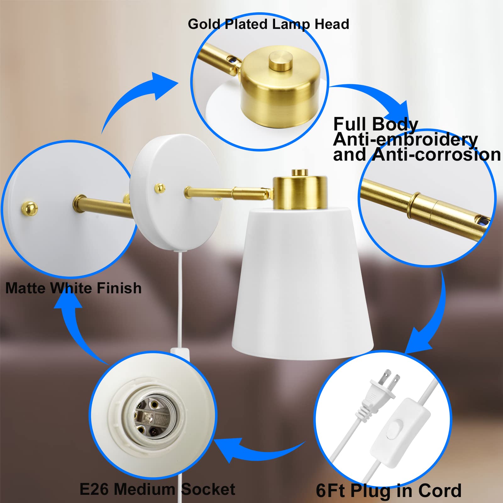 Yollzey Plug-in Wall Sconces - 2 Pack Adjustable Vintage Industrial Wall Lights with Rotatable Angle & White Finish | Perfect for Bedroom, Living Room, Hallway & Office Reading Lighting
