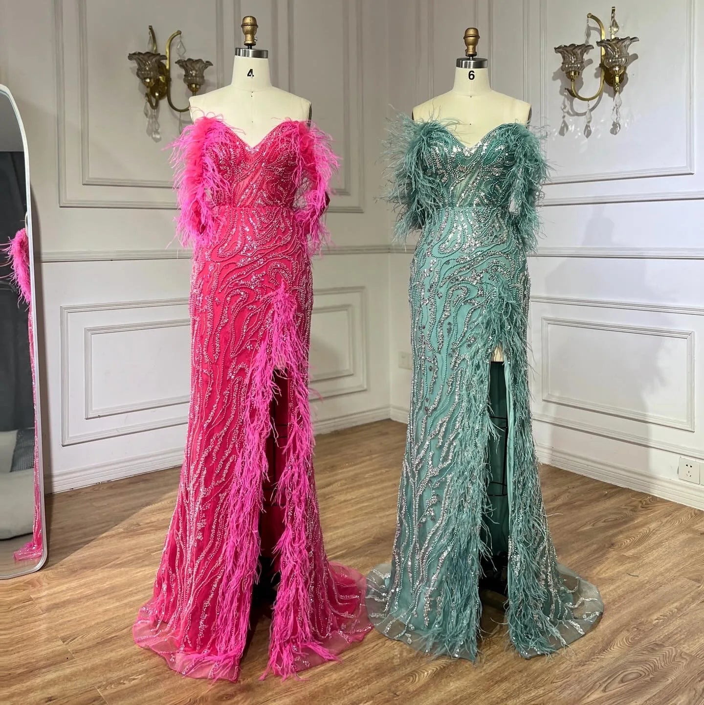 Serene Hill Turquoise Spaghetti Strap High Slit Mermaid Beaded Feather Evening Gown for Women - Elegant Wedding Party Dress 2025 LA72602 | Perfect for Prom, Gala, Red Carpet & Formal Events