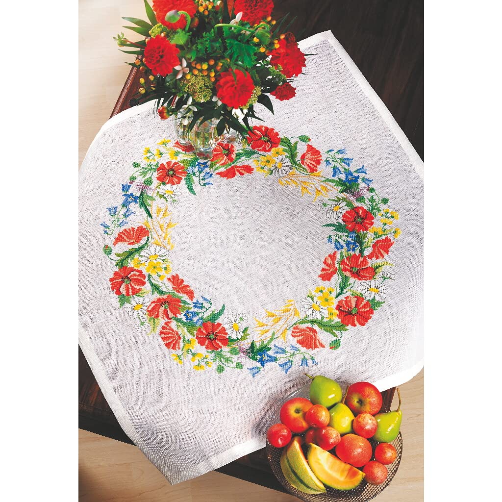Eva Rosenstand Poppies Counted Cross-Stitch Kit - Table Topper Embroidery Set for Home Decor, DIY Craft Gift for Beginners (Perfect for Dining Table Centerpiece & Holiday Decorations)