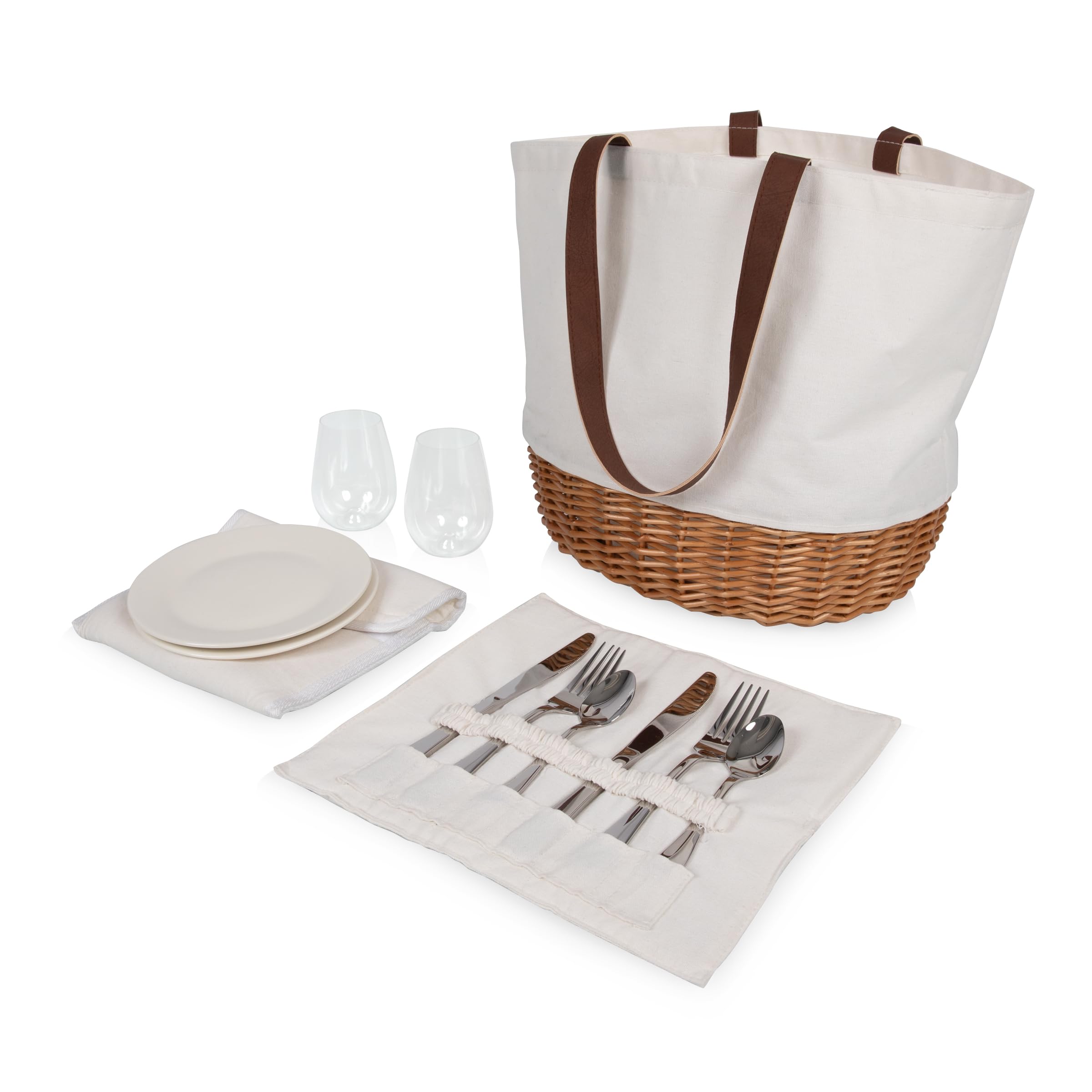 PICNIC TIME Promenade Picnic Basket for 2 - Willow & Canvas Picnic Set with Utensils, Wine Glasses, Plates - Perfect for Romantic Dates, Outdoor Dining, Beach Picnics & Park Outings (Beige)