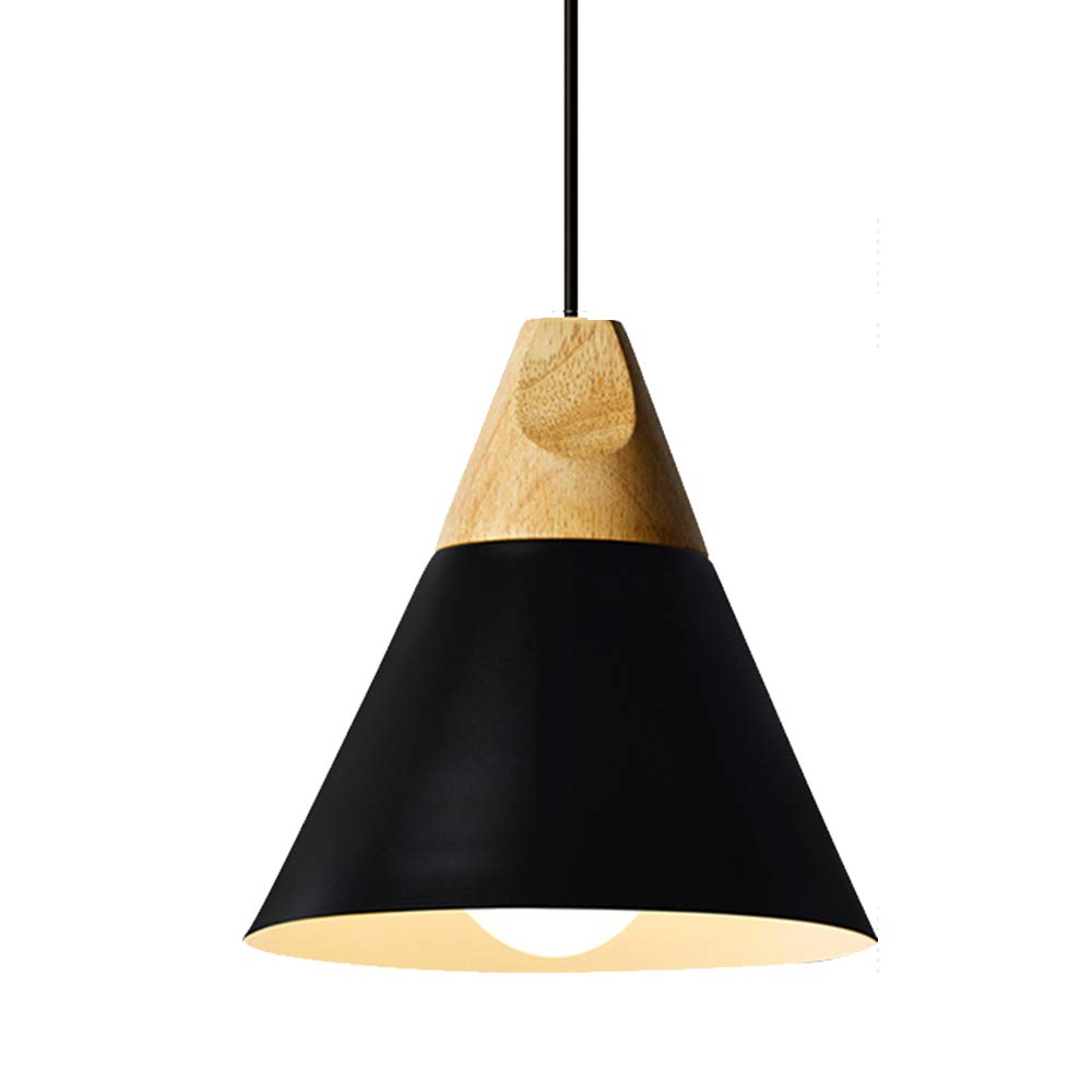 Modern Nordic Pendant Ceiling Light with Metal & Wooden Frame - E26/E27 Base, Black Metal Shade - Contemporary Hanging Lamp for Living Room, Bedroom, Dining Room, Kitchen, or Office Lighting