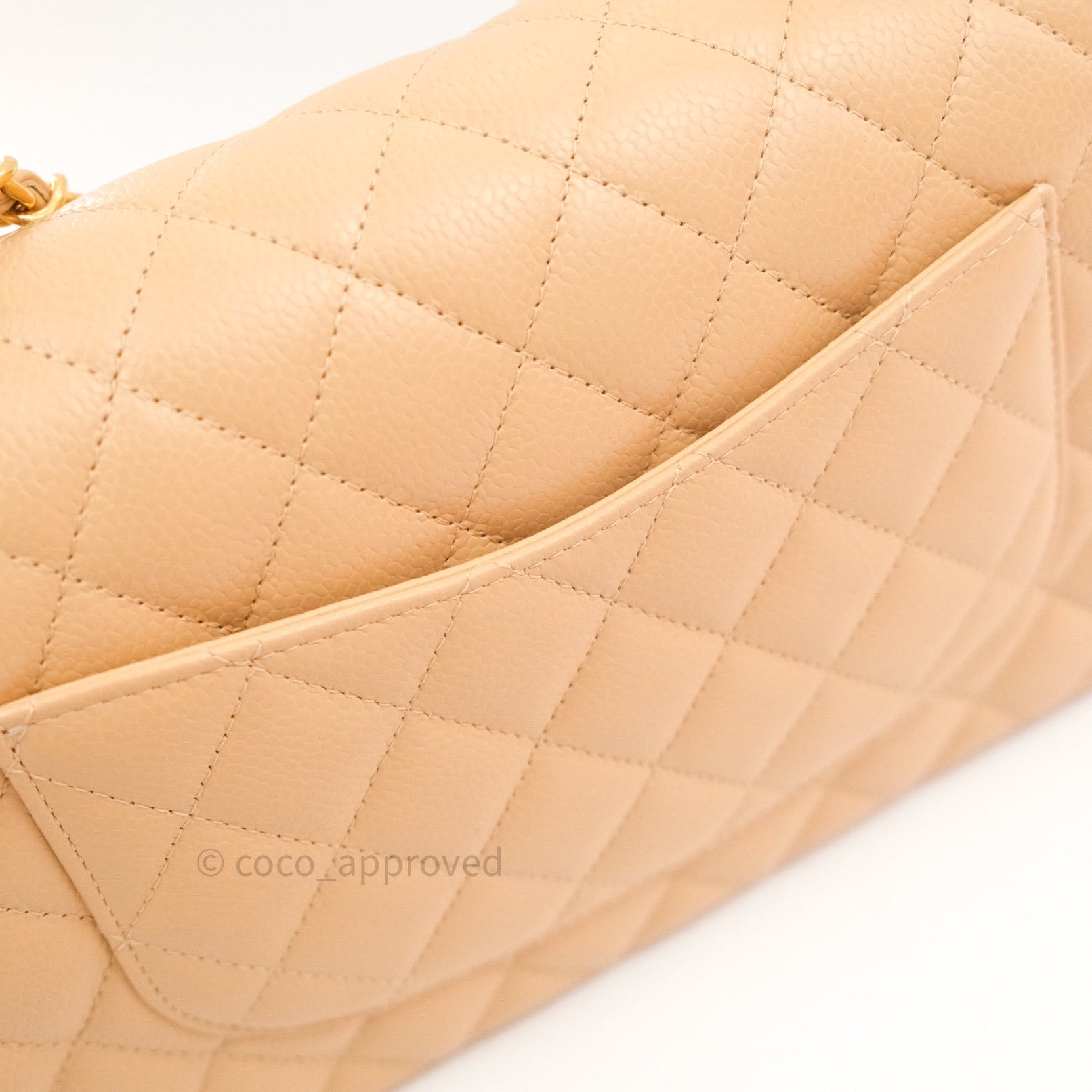 Chanel Classic M/L Medium Double Flap Quilted Beige Caviar Gold Hardware Bag - Luxury Designer Handbag for Women, Perfect for Work, Evening Events & Special Occasions