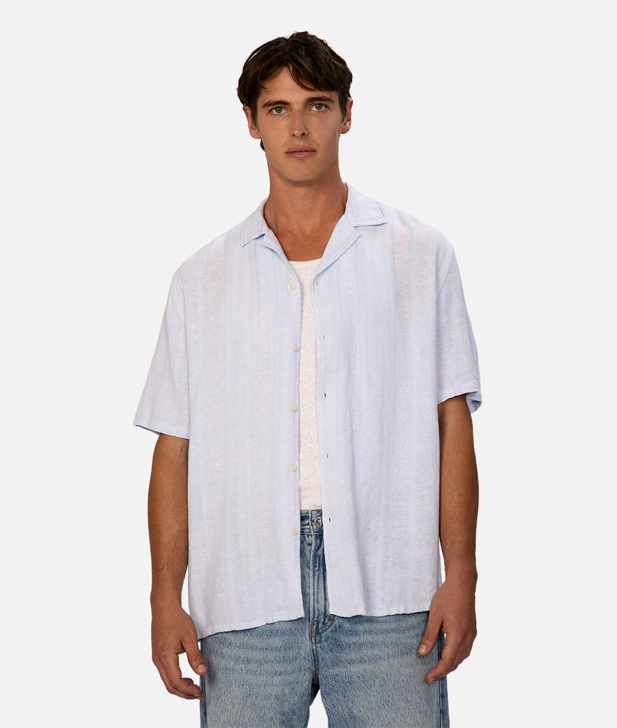 Catanza Striped Short Sleeve Linen Shirt for Men - Sky Blue | Casual Summer Wear, Beach Outfit & Vacation Style