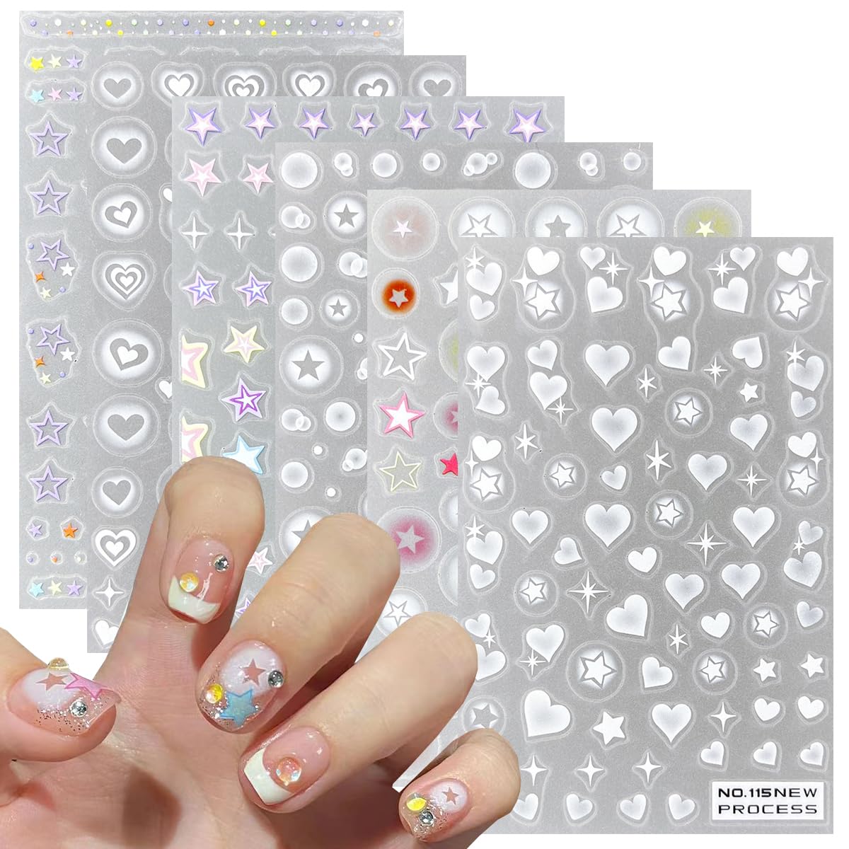 6 Sheets Heart Star Nail Art Stickers - Self-Adhesive 3D Translucent Nail Decals with Hollow Love Design for French Manicure, Airbrush Nails, DIY Crafts - Perfect for Salon, Home Nail Art & Gift Giving
