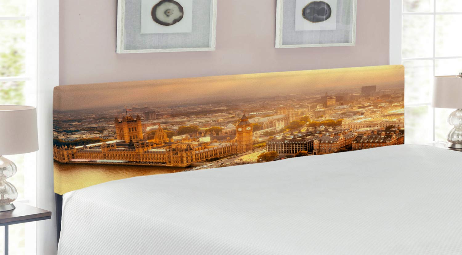 Ambesonne Cityscape Headboard - Westminster Aerial View of Thames River & London Urban Scene Panoramic - Upholstered Decorative Metal Bed Headboard with Memory Foam - King Size Multicolor - Perfect for Modern Bedroom Decor & Urban Apartment Style
