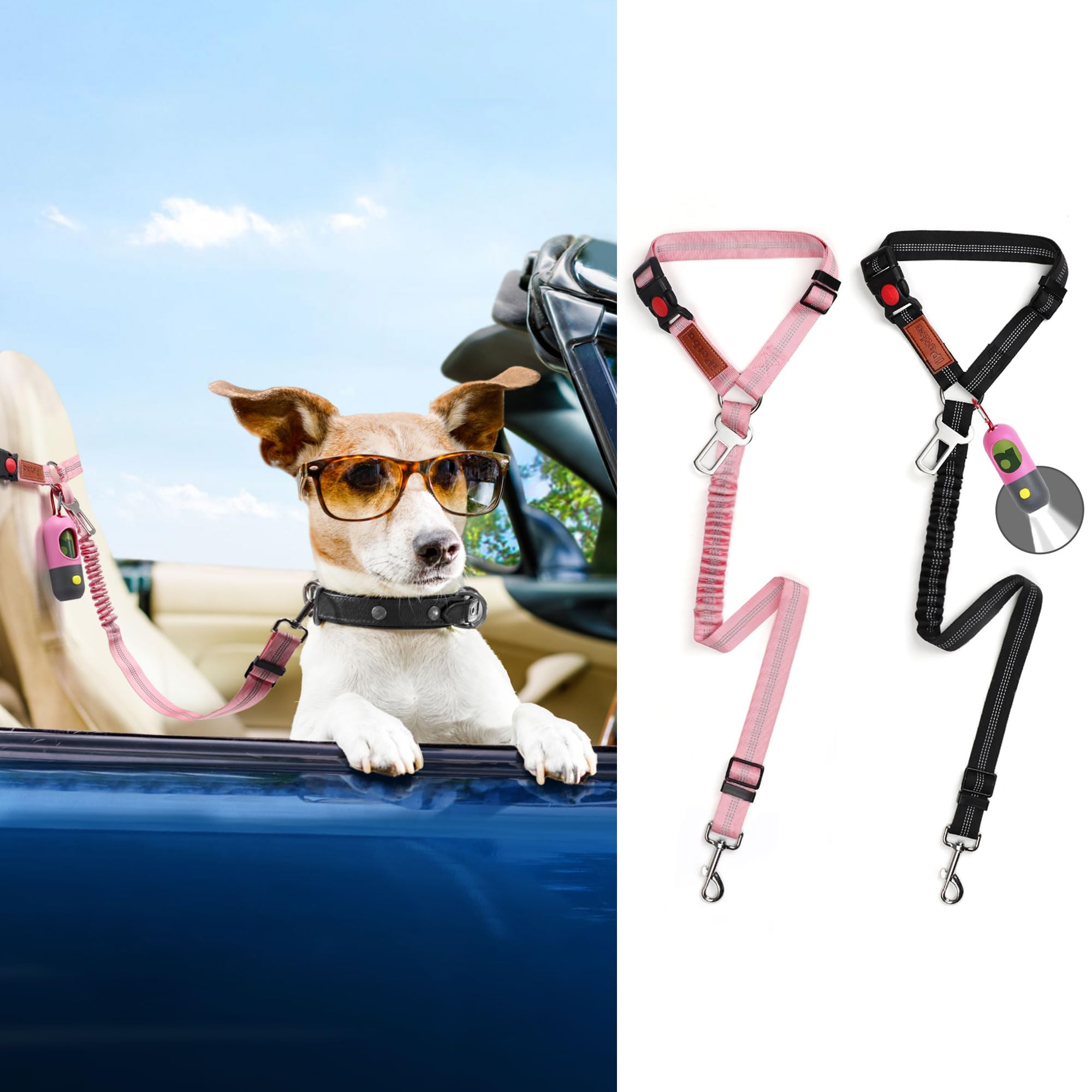 Adjustable Removable Dog Seat Belt for Car - Pet Safety Harness with Elastic Bungee Buffer, Vehicle Leash Restraint for Small & Large Dogs (Pink) | Secure Travel, Road Trips & Daily Commutes