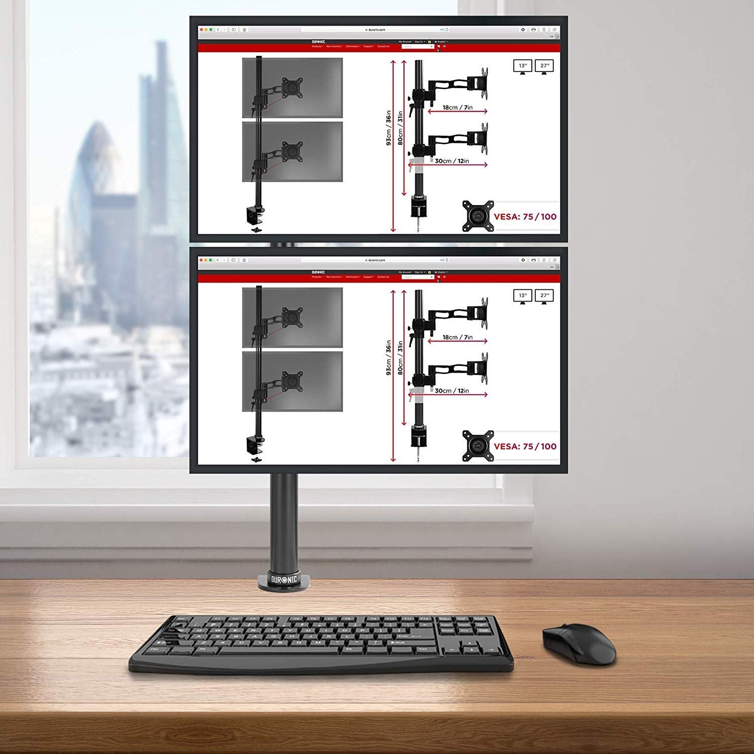 Duronic DM35V2X1 Dual Vertical Monitor Stand - Adjustable 2 Monitor Arm Mount for 13-27