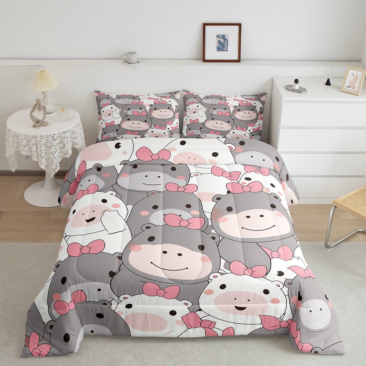Cartoon Hippopotamus Bedding Set for Kids - Kawaii 3D Animal Print Quilted Duvet Cover with Comforter - Twin Size Wild Animal Themed Bedding for Boys & Girls - Grey White Multicolor Wildlife Room Decor - Perfect for Nursery, Kids Bedroom & Sleepovers