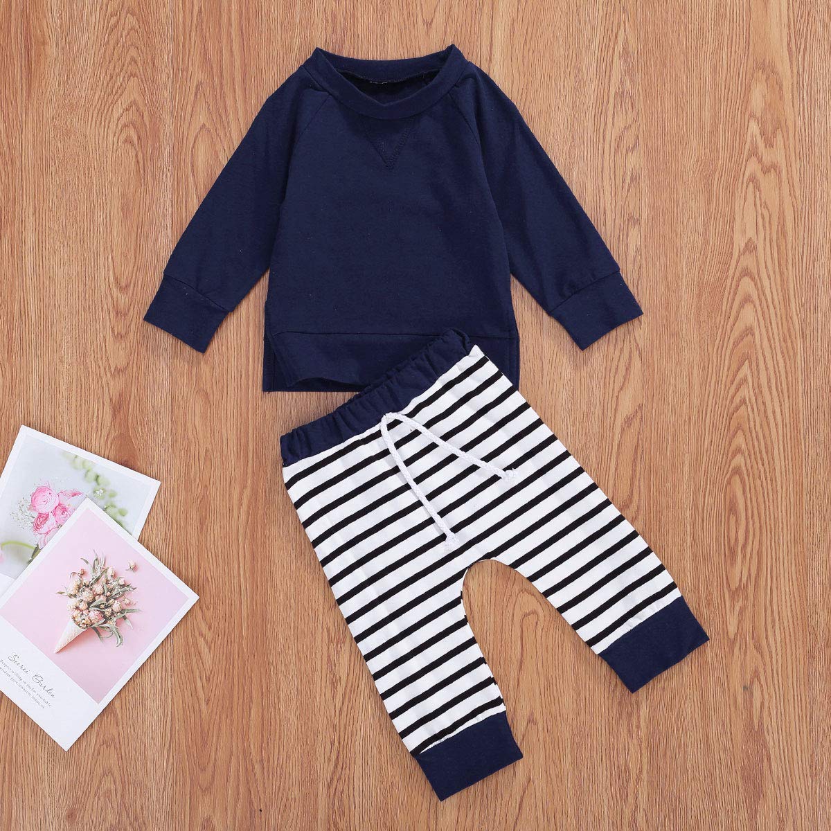 **Baby Boy Girl Fall Outfits - 2Pcs Long Sleeve Pullover Sweatshirt & Striped Pants Set (12-18 Months, Dark Blue) - Cozy & Stylish for Playdates & Family Photos**