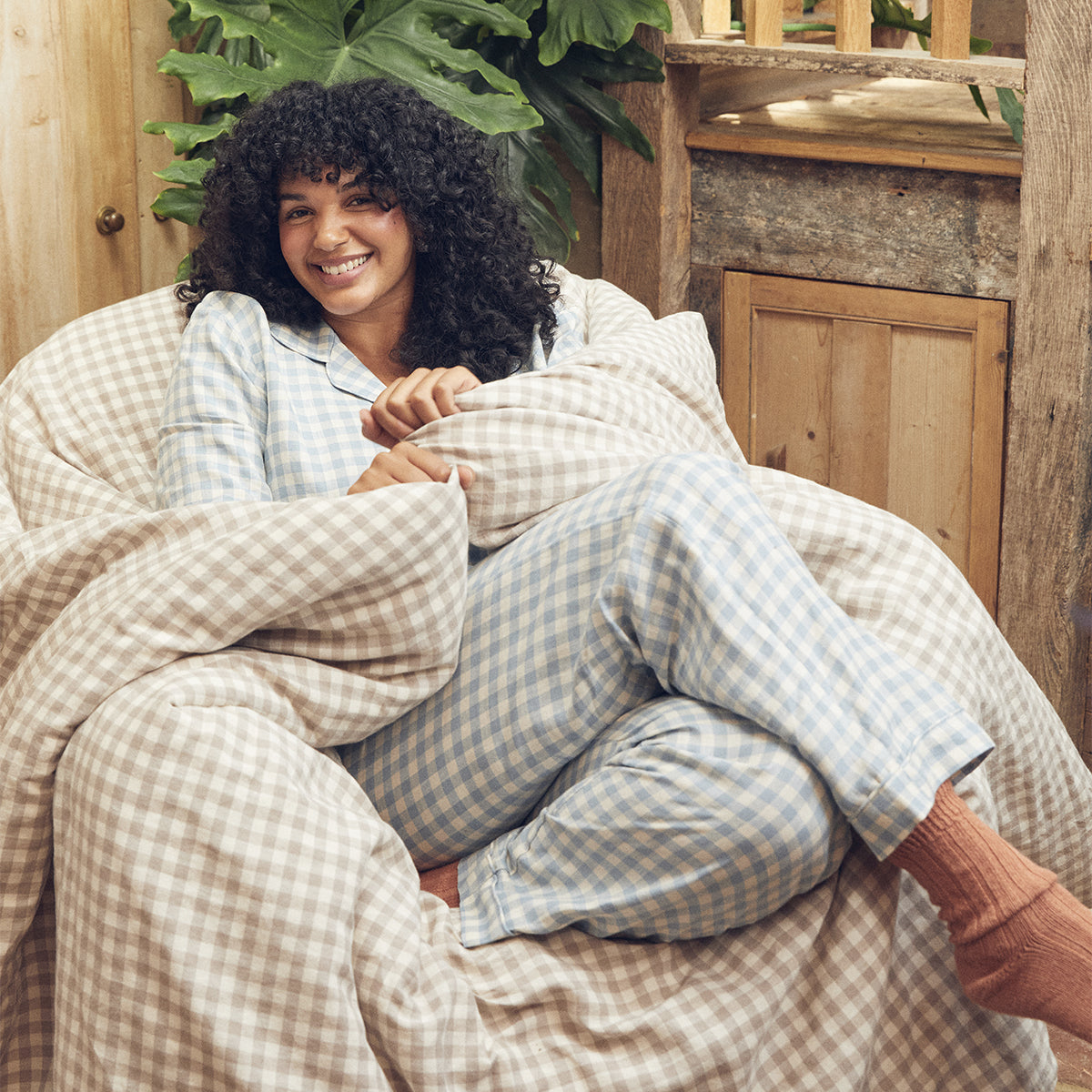 Cozy Blue Gingham Linen Pajama Set for Women - Soft & Breathable Sleepwear - Perfect for Relaxing at Home, Lounging & Bedtime Comfort