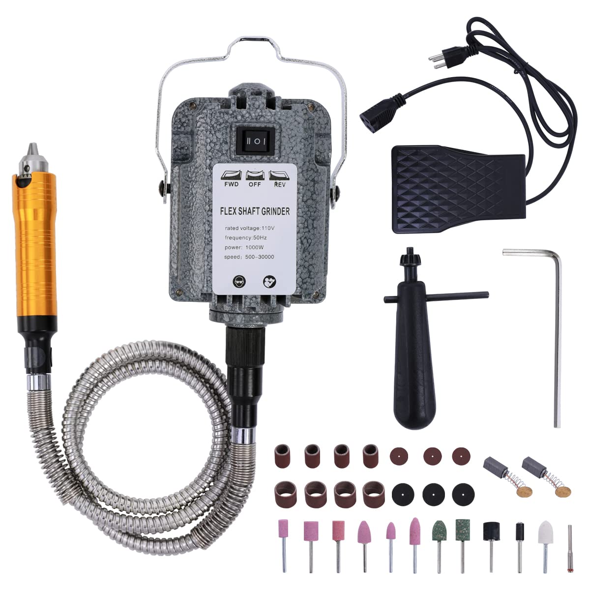 1000W 30000RPM Electric Flex Shaft Rotary Tool with Foot Pedal Control - Hanging Grinder & Carver with Forward/Reverse Rotation - Multi-Function DIY Craft Kit with Accessories for Carving, Buffing, Polishing, Engraving & Jewelry Making - Perfect for Woodworking, Metalworking & Home Improvement Projects