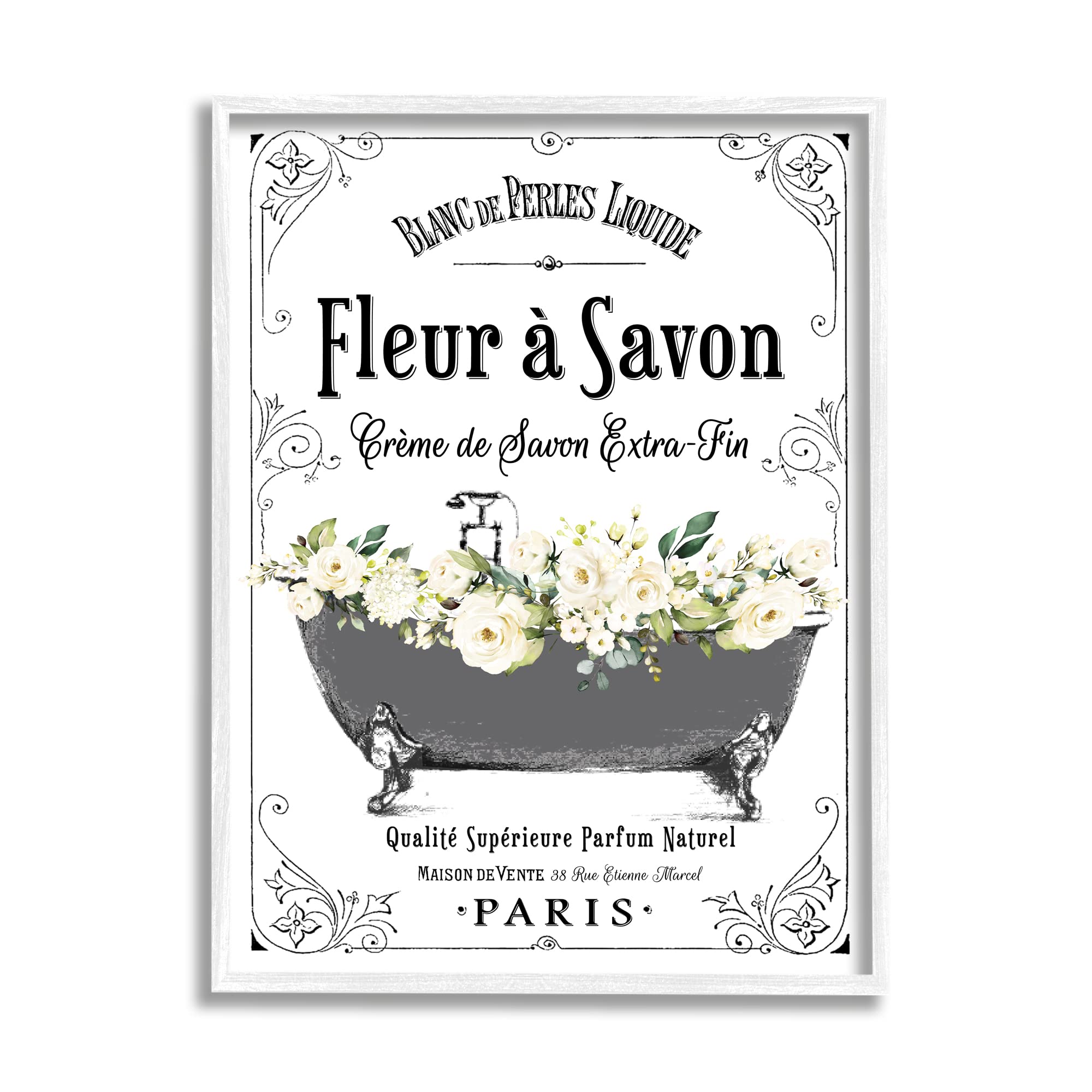 Stupell Industries Vintage Parisian Floral Bathroom Wall Art - Framed Fleur a Savon White Decor for Bathroom, Powder Room & Spa | French-Inspired Home Decor