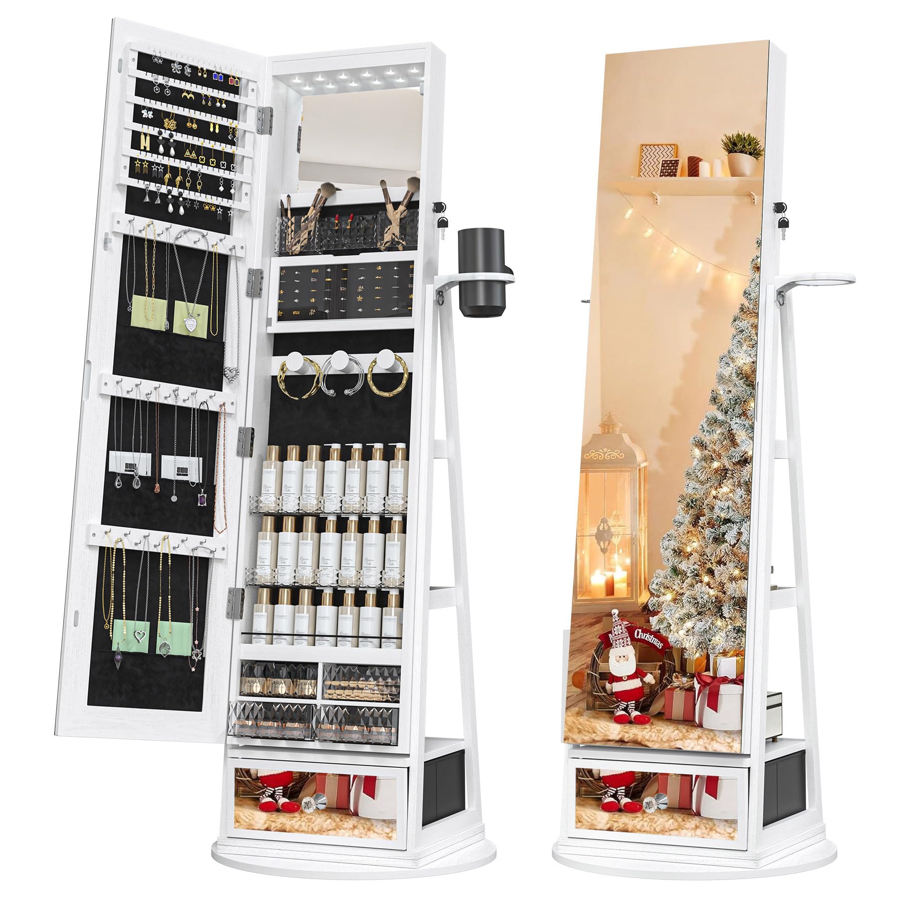 360° Swivel LED Jewelry Armoire with Full-Length Mirror - Foldable Makeup Organizer with Storage Shelves for Women & Girls | Perfect for Bedroom, Dressing Room & Closet Organization