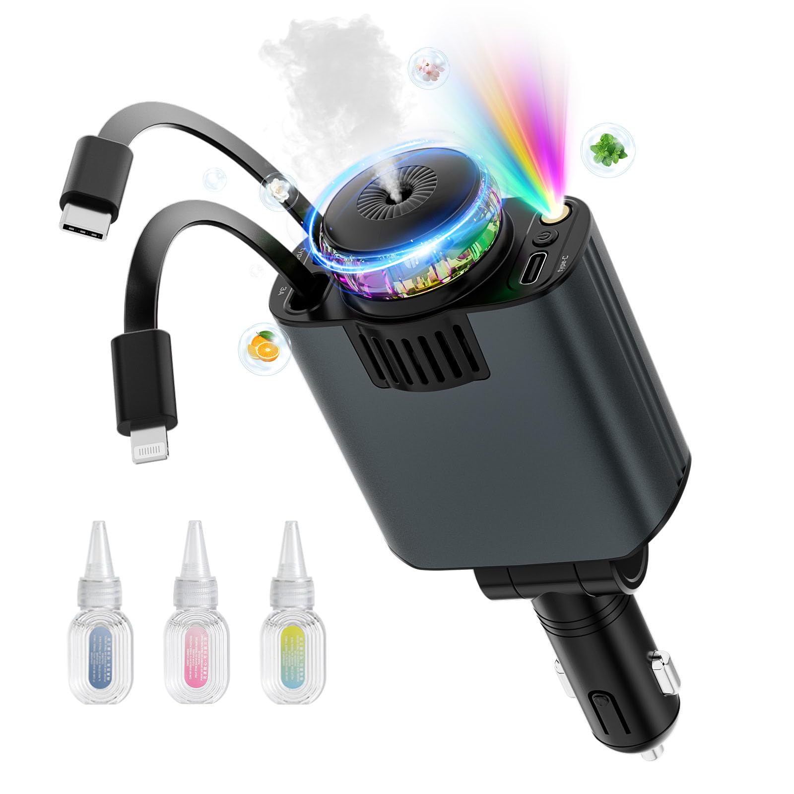 5-in-1 Retractable USB C Car Charger with Fast Charging - Compatible with iPhone 16/15/14/13/12/11 & Android Phones | Built-in Aromatherapy & Starlight Projection | Perfect for Road Trips, Commuting & Emergency Charging