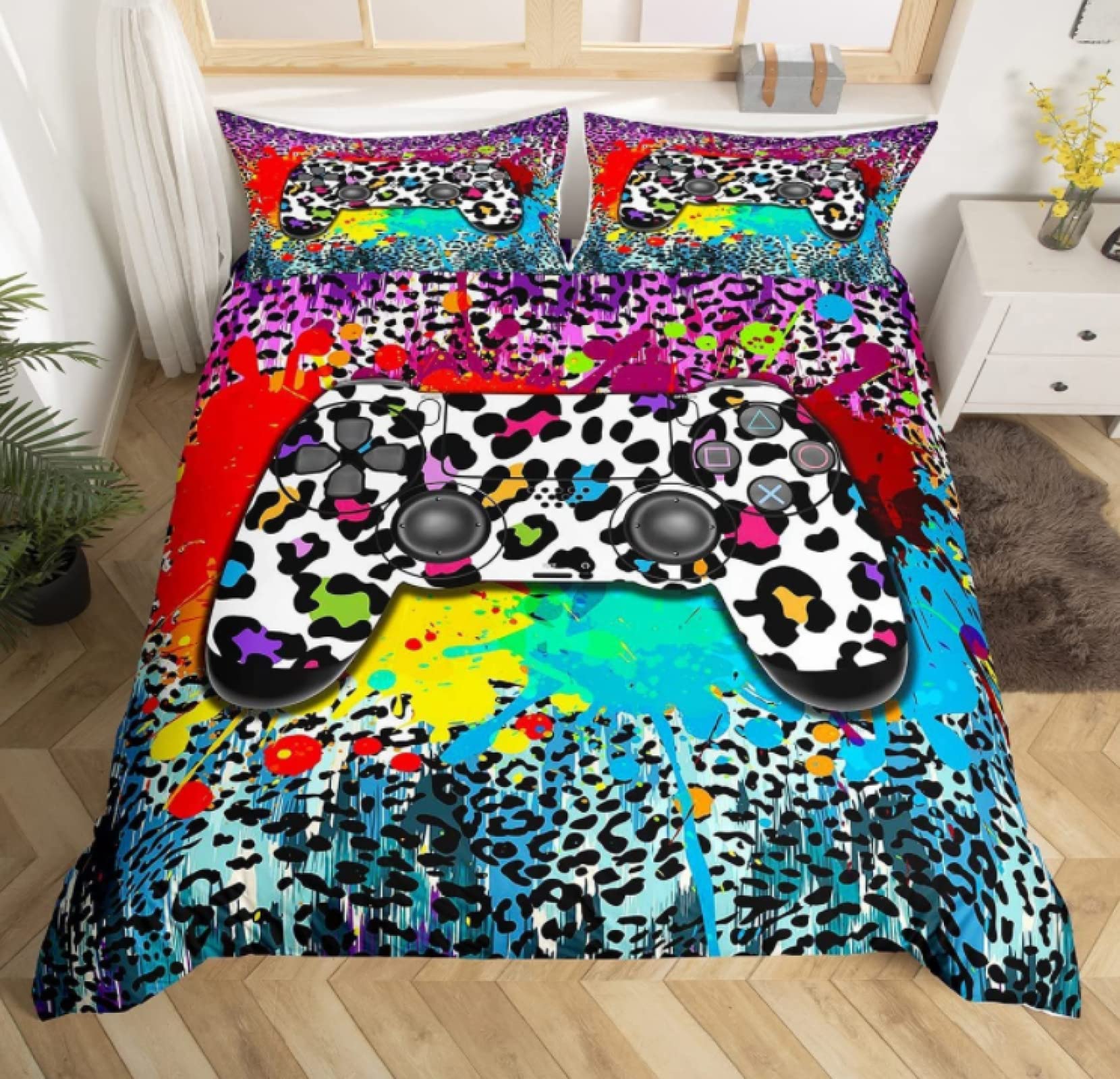 Gaming Comforter Cover Set for Boys - Art Print Game Controller & Gamepad Bedding Set, Full 3pc (203x228 inches) - Colorful Cow Design for Teen Gamer Room Decor | Perfect for Gaming Themed Bedrooms & Sleepovers