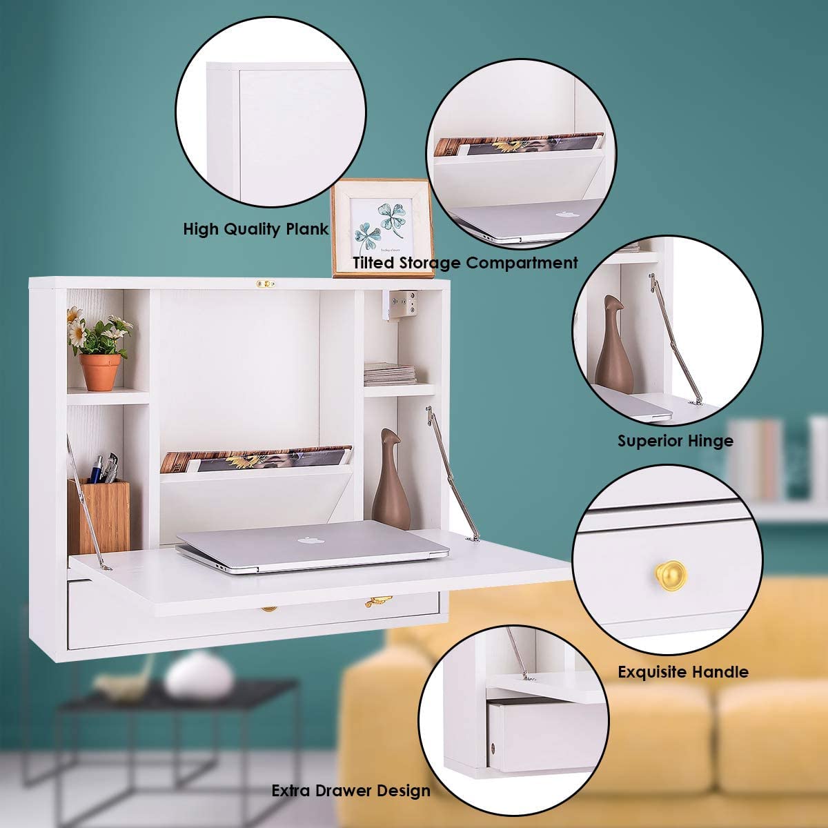 GRAFFY Wall Mounted Folding Desk with Storage Drawer & Shelves - Space Saving Home Office Computer Desk, Multifunctional Hanging Cabinet for Small Spaces - Perfect for Bedroom, Dorm, Studio Apartments (White)