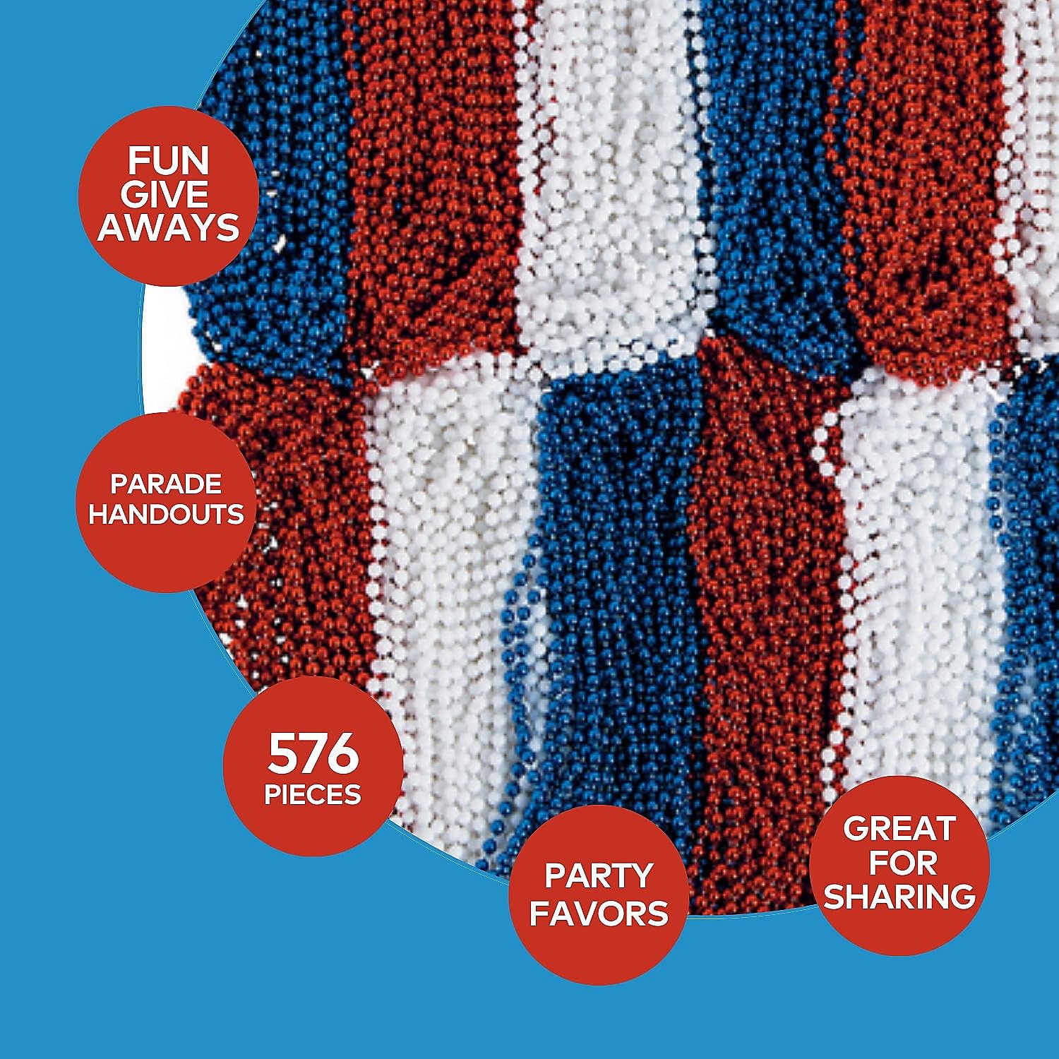 576 Pc. Patriotic Red White & Blue Beaded Necklace Assortment - Bulk Party Favors for 4th of July, Memorial Day & Independence Day Celebrations