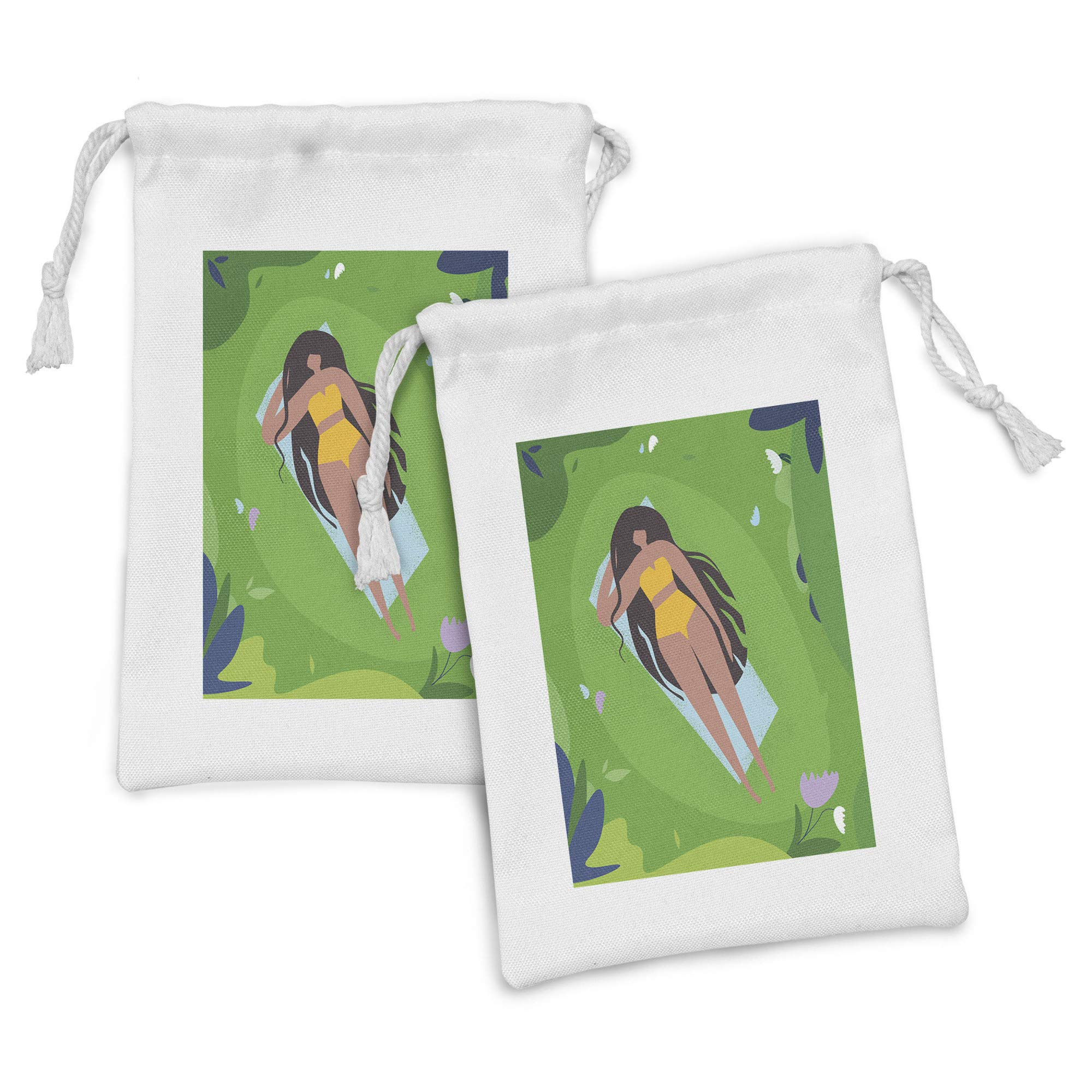 Ambesonne 2-Pack Summer Beach Fabric Pouches - Drawstring Bags for Toiletries, Makeup & Travel Essentials (9