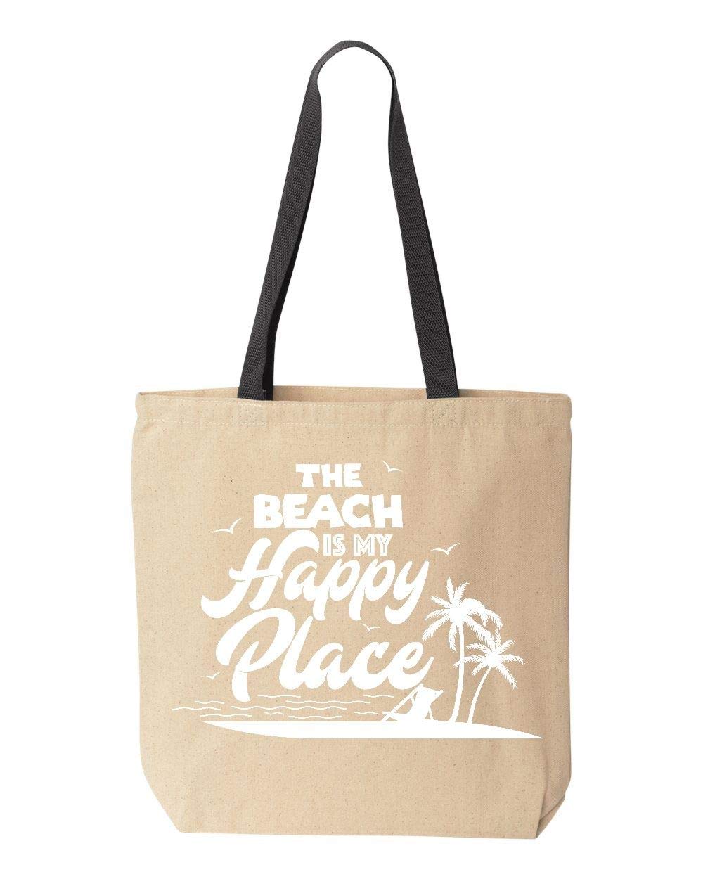 Shop4Ever® The Beach is My Happy Place - 10oz Natural Cotton Canvas Reusable Tote Shopping Bag (1 Pack, Black) - Perfect for Beach Trips, Groceries & Eco-Friendly Shopping