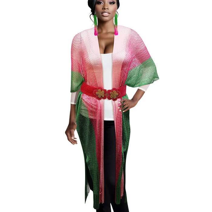 Women's Pink & Green Two-Tone Lurex Kimono Poncho - Lightweight Cover-Up for Beach, Pool, or Summer Outings