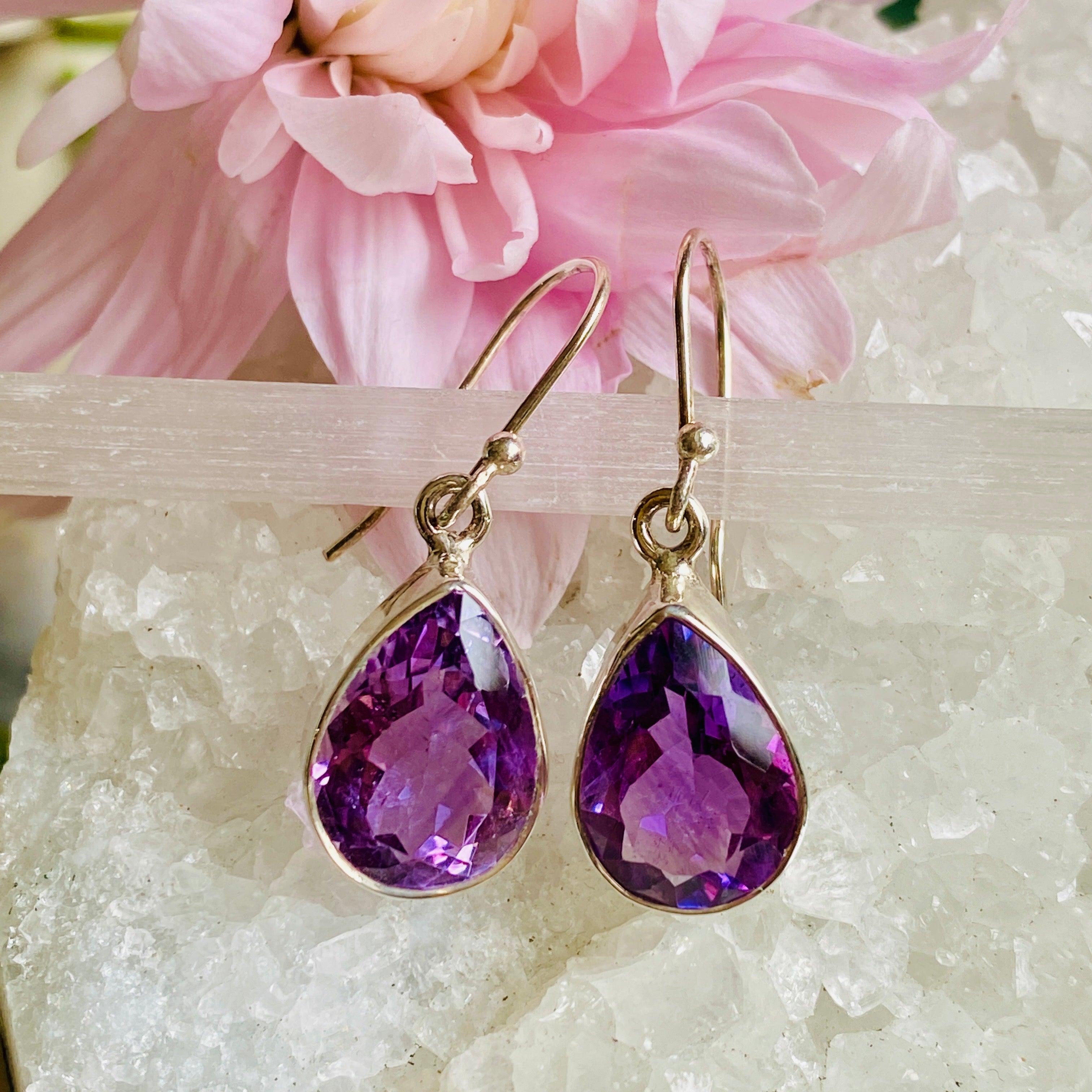 Amethyst Faceted Teardrop Earrings for Women - Elegant Purple Gemstone Dangle Earrings for Party, Wedding & Evening Wear - KEGJ806