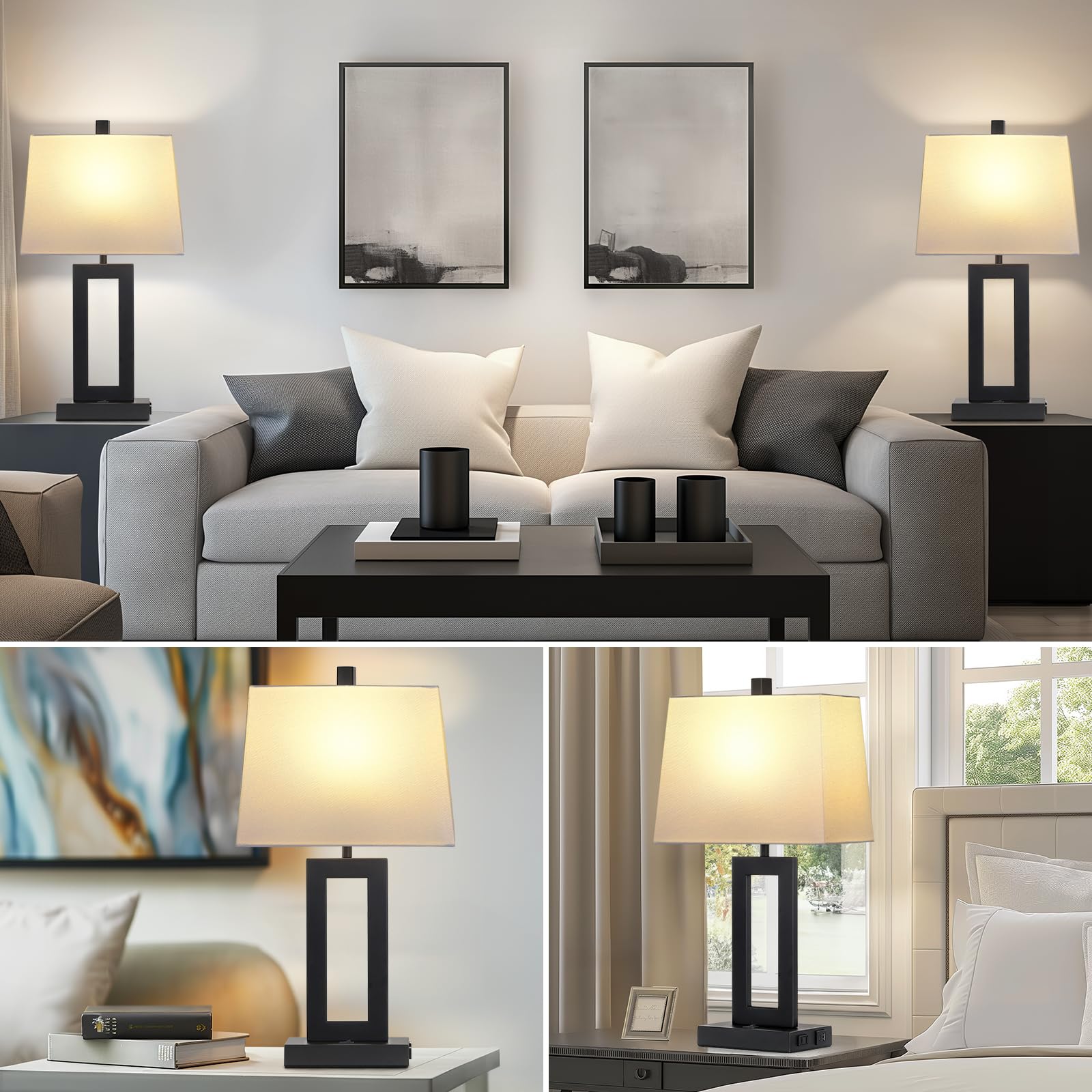Cinkeda Modern Table Lamp Set of 2 - USB C & A Ports with AC Outlet, Black Nightstand Lamps for Bedroom, Living Room, Office - Perfect for Reading, Working & Ambient Lighting