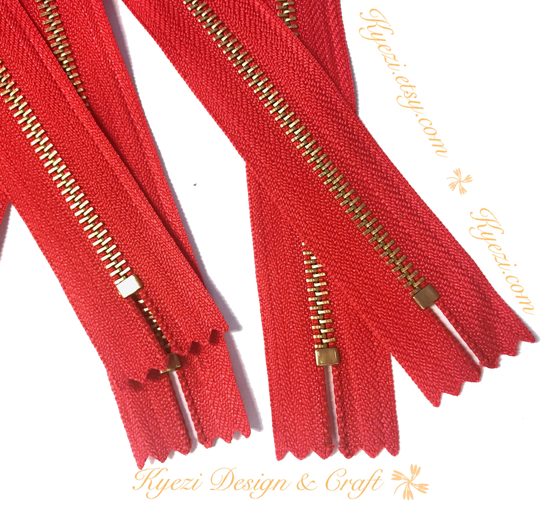 10-Pack Brass Gold Metal Teeth Zippers - Kyezi Design & Craft for DIY Fashion (Red, 16 Inch) - Perfect for Jackets, Bags & Costume Accessories