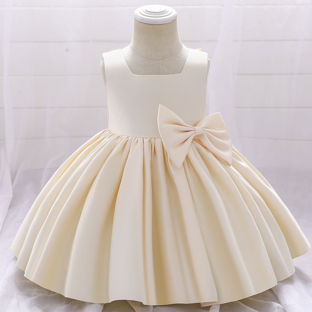 Elegant A-Line Tea Length Satin Flower Girl Dress with Bow & Ruffles - Perfect for Weddings, Parties & Special Occasions
