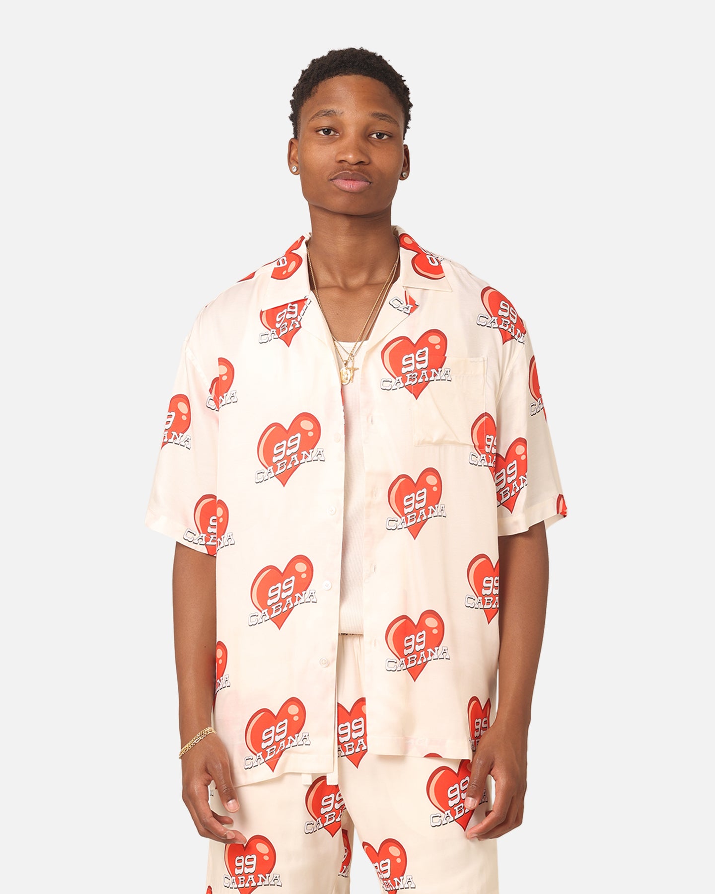 99 Cabana Roaming Hearts Short Sleeve Button Up Shirt for Women - Off White & Red Floral Print Vacation Shirt, Perfect for Beach Outings, Summer Parties and Tropical Getaways