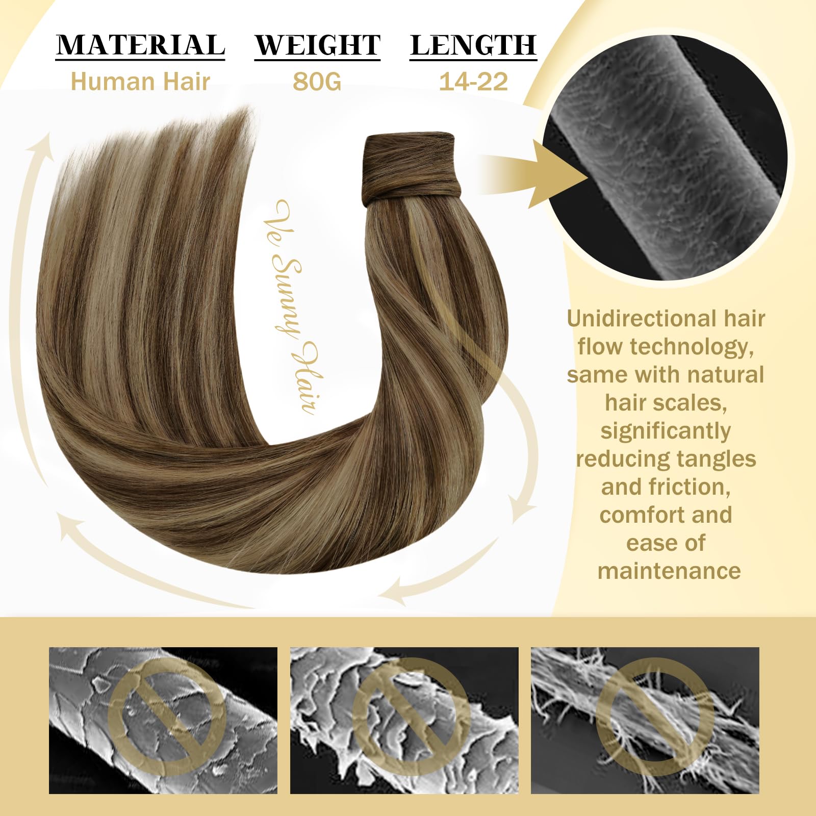 Ve Sunny Real Human Hair Ponytail Extension - 22inch Dark Brown with Platinum Blonde Highlights (80g) | Invisible Seamless Clip-in Hair Extension for Daily Wear, Parties & Special Occasions