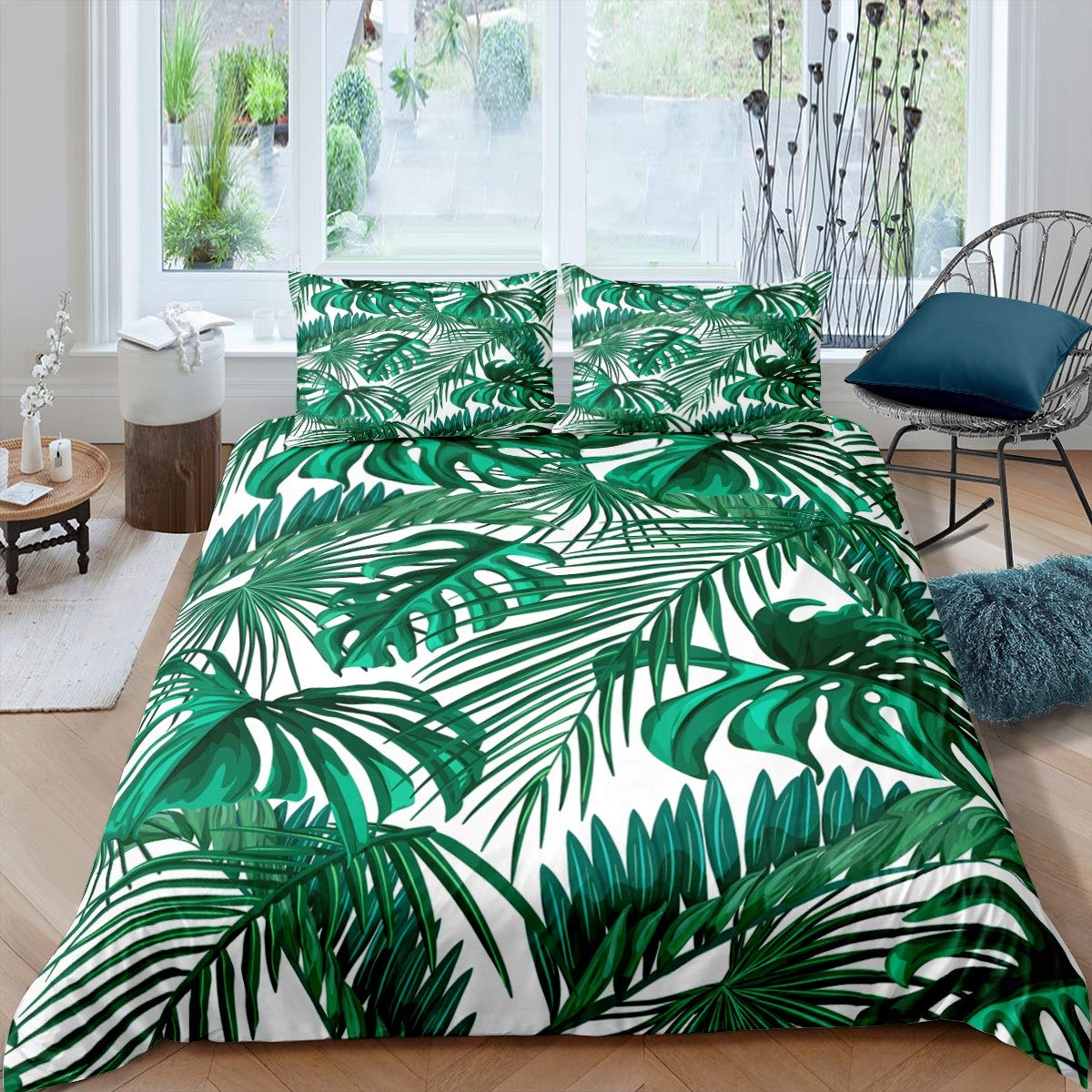 Feelyou Tropical Leaves Duvet Cover Set - Botanical Plant Bedding with Palm Leaf Pattern for Kids & Adults, Twin Size (2Pcs) - Nature-Themed Bedroom Decor for Coastal, Boho or Jungle Style Rooms