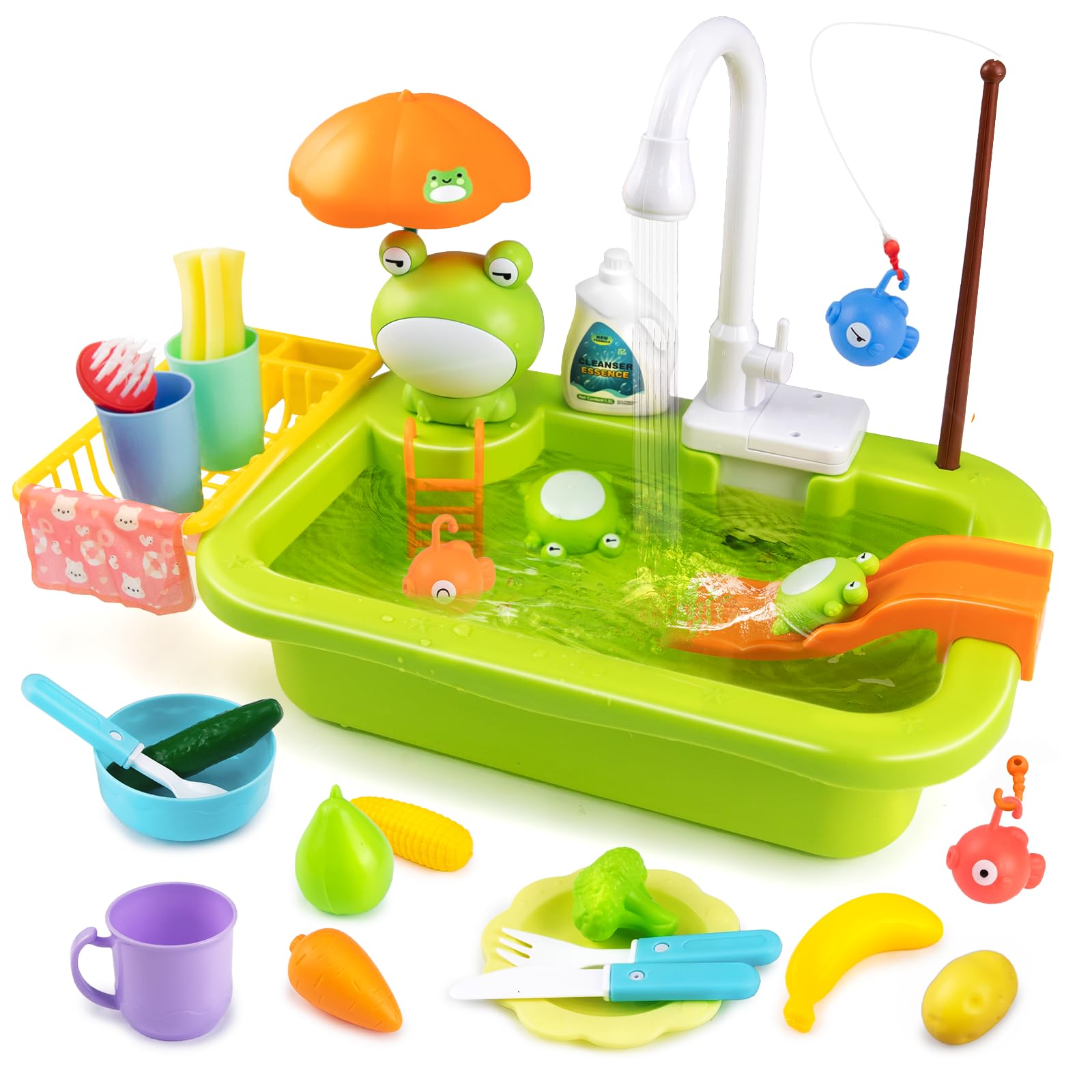 Interactive Play Sink Toy with Running Water & Automatic Water Cycle System - Kids Kitchen Sink with Dishwasher & Fishing Game - Pretend Play Kitchen Accessories for Boys & Girls - Perfect Gift for Birthday & Role Play Scenarios