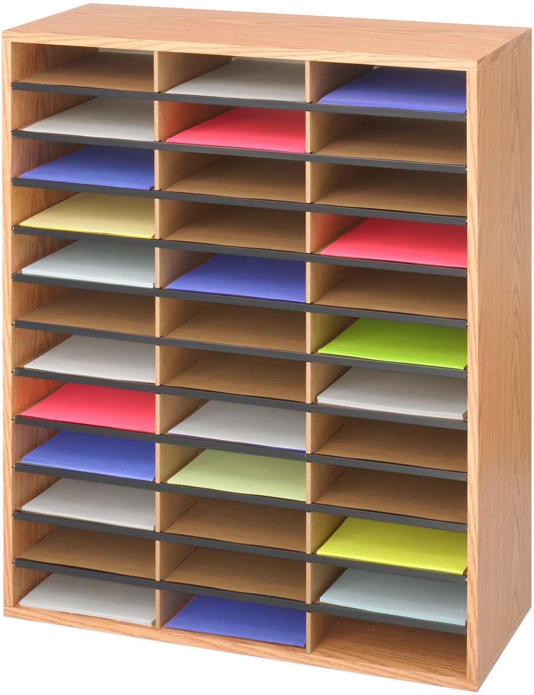 36 Compartment Medium Oak Literature Organizer - Wood & Corrugated File Holder for Office Documents, Mail, Books - Perfect for Home Office, School, or Library Organization [9403MO]