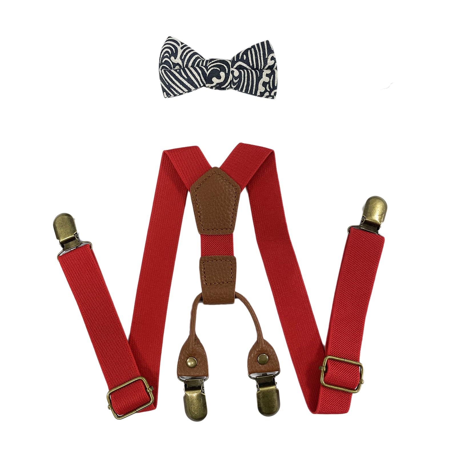 Adjustable Elastic Suspenders with Bow Tie for Boys & Girls - 4 Strong Metal Clips - Perfect for Weddings, Parties & Formal Events