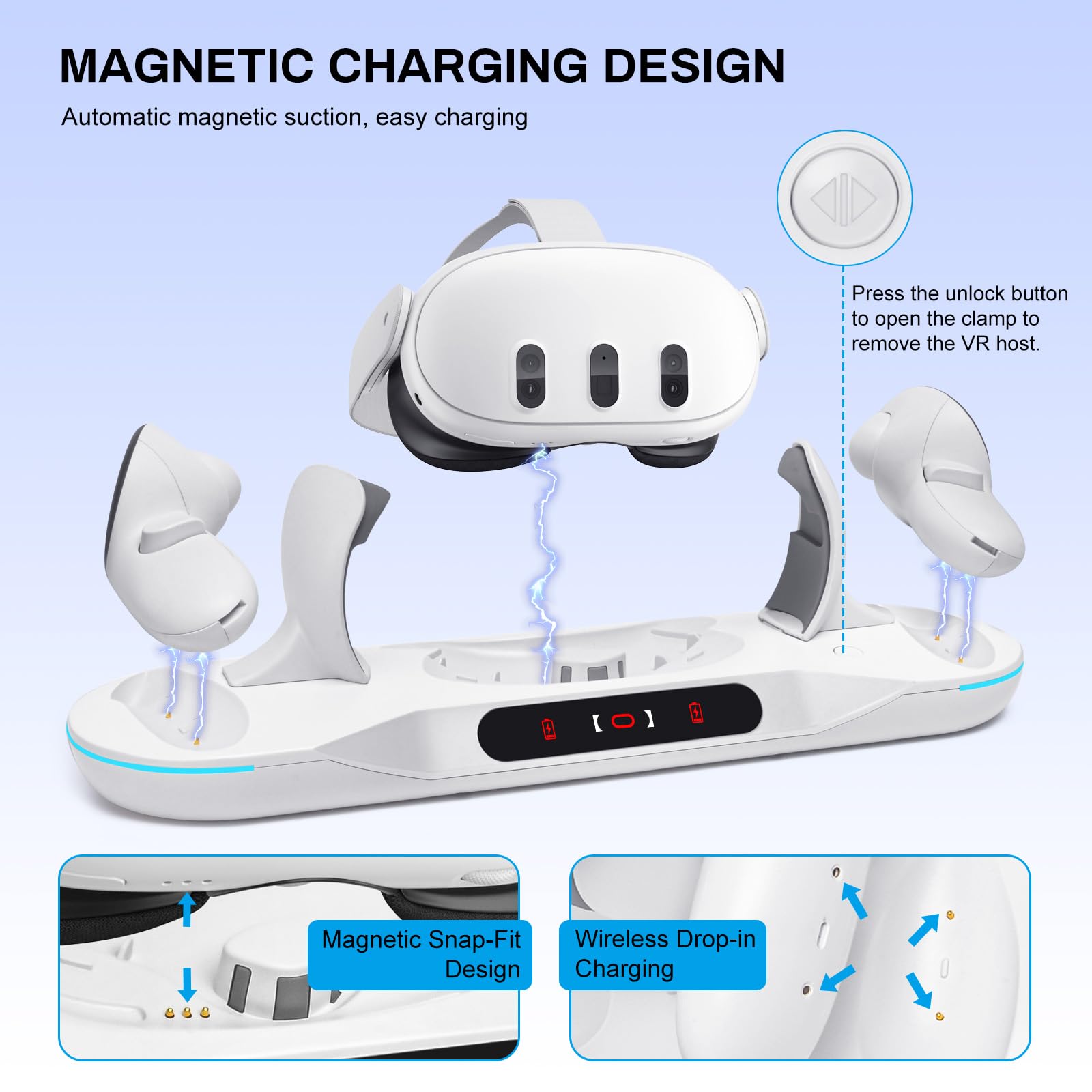 Meta Quest 3 Charging Dock - Auto-Clamping VR Stand with Magnetic Fast Charging for Quest 3 Headset & Controllers | Includes 2 Rechargeable Batteries & LED Indicator | Perfect for Gaming, VR Entertainment & Multi-Device Charging