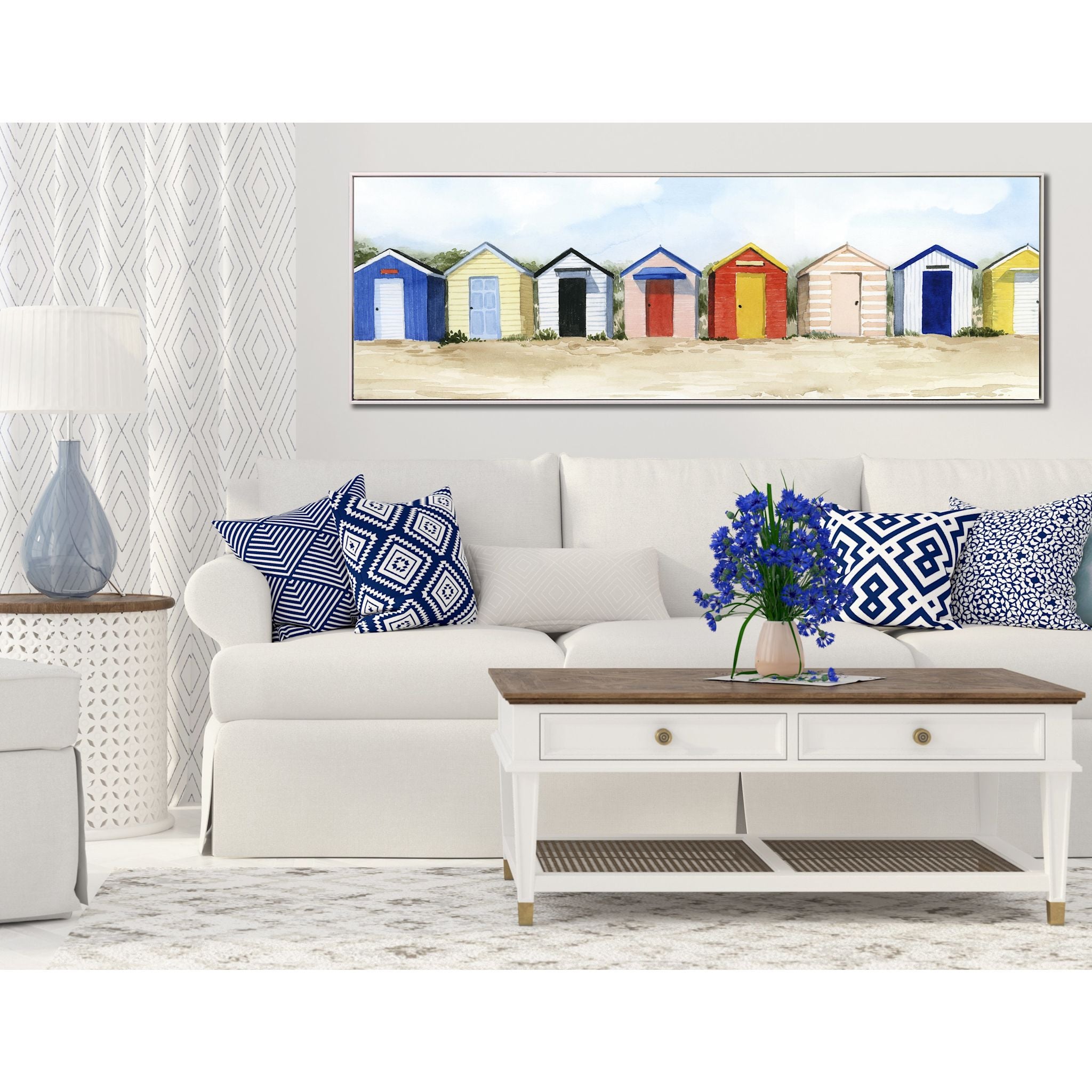 Beach Huts Wall Art - 61 x 21 Inches Coastal Decor for Living Room, Bedroom & Office | Tropical Beach Painting for Home & Vacation House Decoration