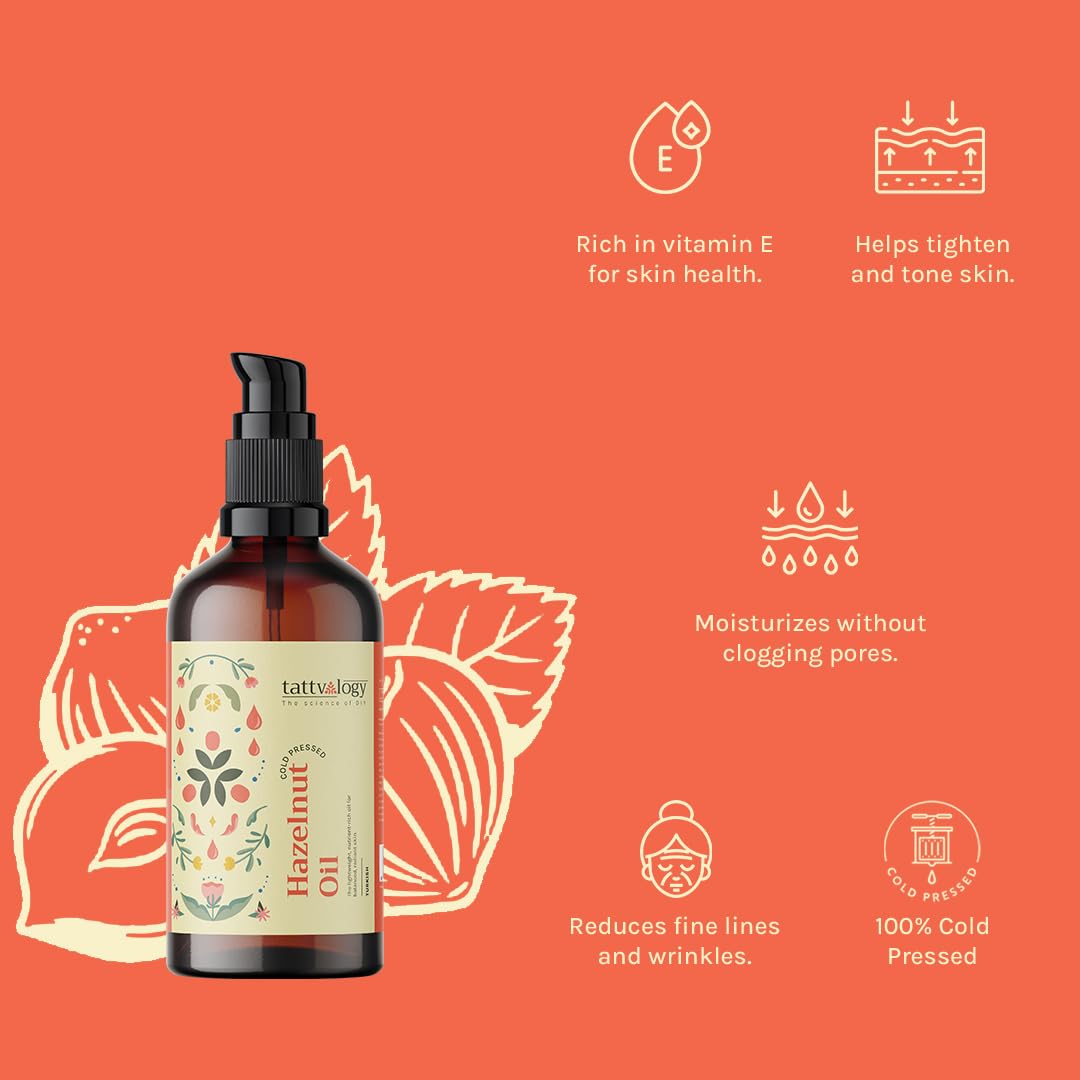 Tattvalogy Cold Pressed Hazelnut Carrier Oil - 100% Pure Natural Hair & Skin Treatment for Dry Scalp, Split Ends & Nourishment | Rich in Vitamin E & Essential Fatty Acids (15ml) | Perfect for DIY Beauty Recipes, Massage & Aromatherapy