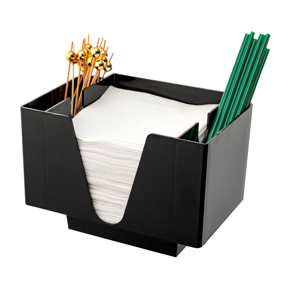 Bar Lux Black Plastic Condiment Caddy & Napkin Holder - 3 Compartments Organizer (8