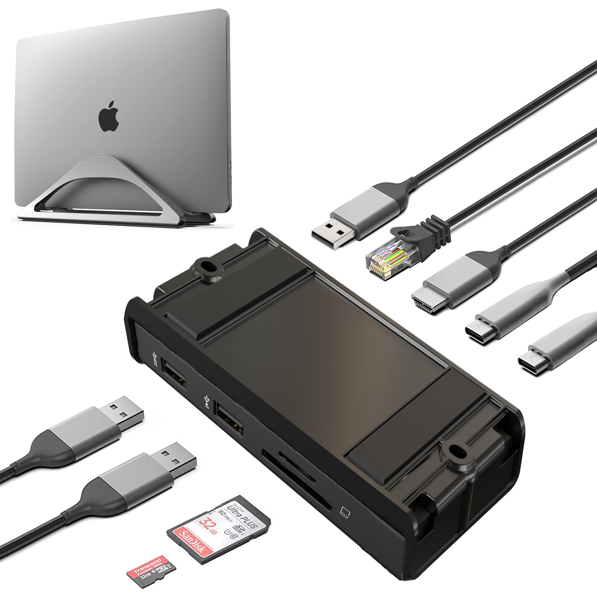 HumanCentric Space Gray Vertical Laptop Stand with USB-C Docking Station - Ergonomic Desktop Organizer for MacBook & Windows Laptops, Includes 87W Charger & HDMI Monitor Dock - Perfect for Home Office, Workspace & Productivity Setup