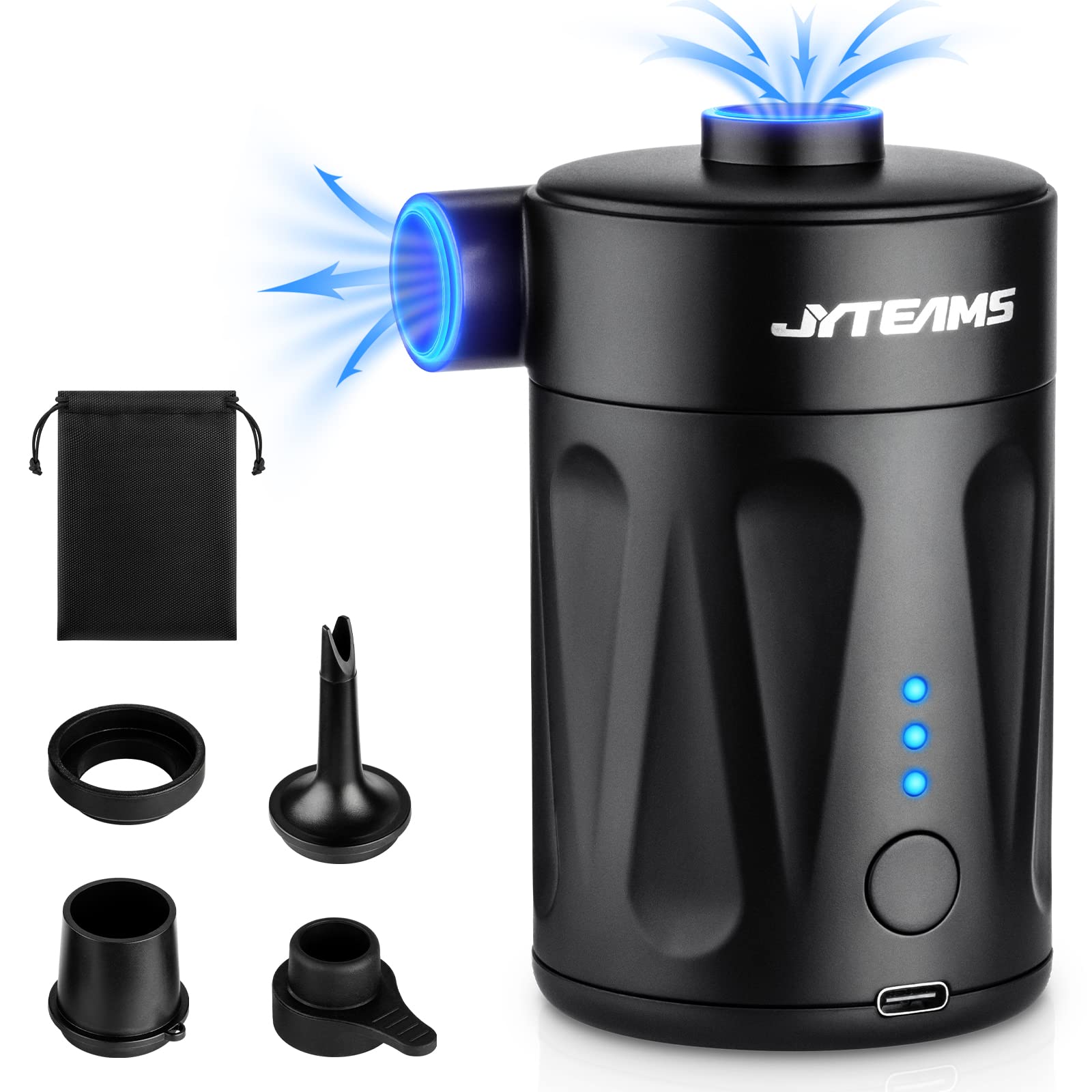 Portable Rechargeable Electric Air Pump - Fast Inflation for Air Mattress, Pool Floats, Boat Toys & Inflatables | Mini Travel Air Pump with 4 Nozzles | Perfect for Camping, Travel & Outdoor Activities