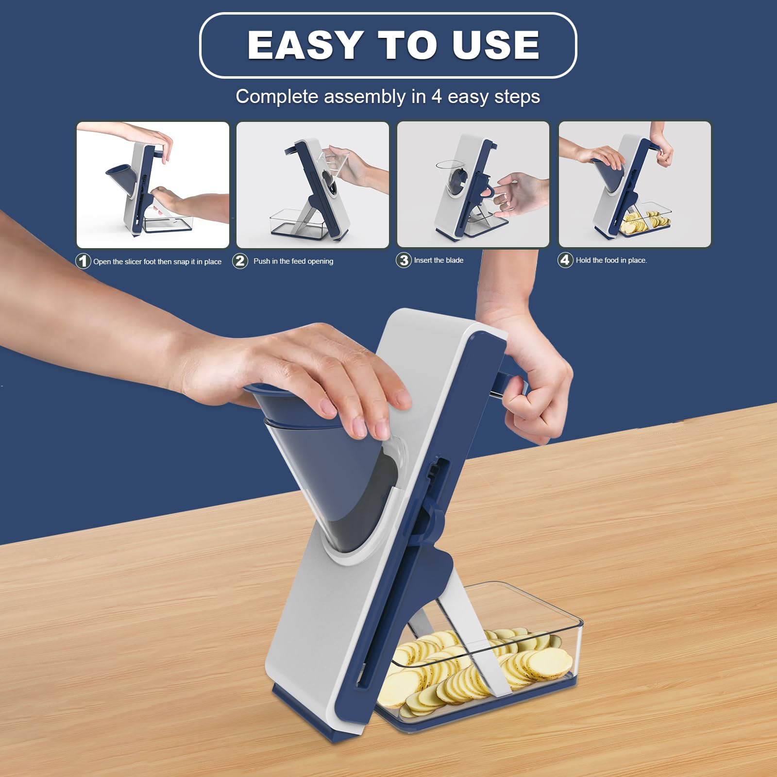 Premium Mandoline Slicer for Kitchen - 5-in-1 Vegetable Food Chopper & Cucumber Slicer with Detachable Blades | Easy to Clean & Safe Kitchen Gadget (White & Blue) | Perfect for Salads, Meal Prep & Healthy Cooking