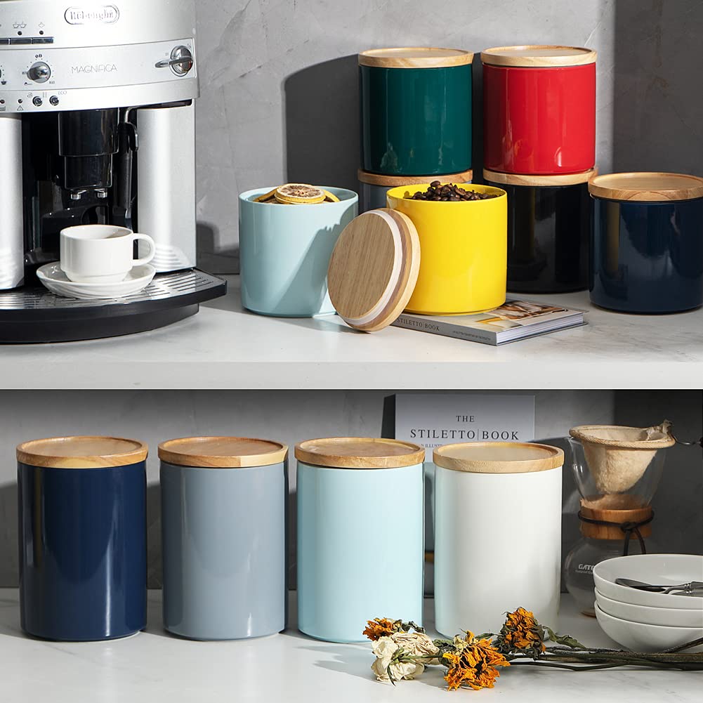 Sweejar Ceramic Food Storage Canisters with Airtight Wooden Lid - 39oz Stackable Kitchen Containers for Coffee Beans, Flour, Tea, Spices | Perfect for Pantry Organization & Countertop Display (Navy Blue)